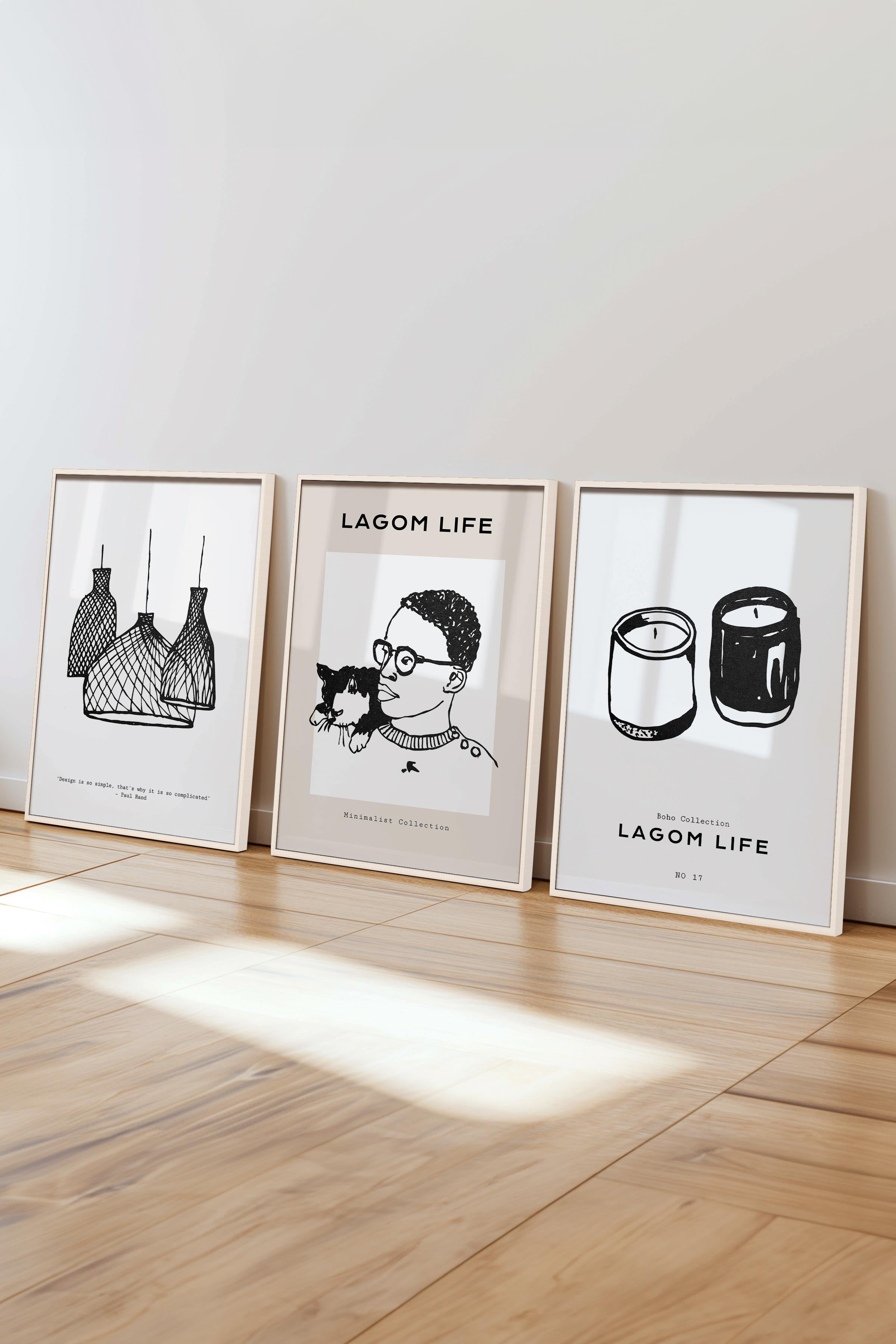 Çerçeveli Tablo Seti, 3 Adet Beyaz Çerçeve ve Minimalist Çizim Temalı Poster Seti, No:300596