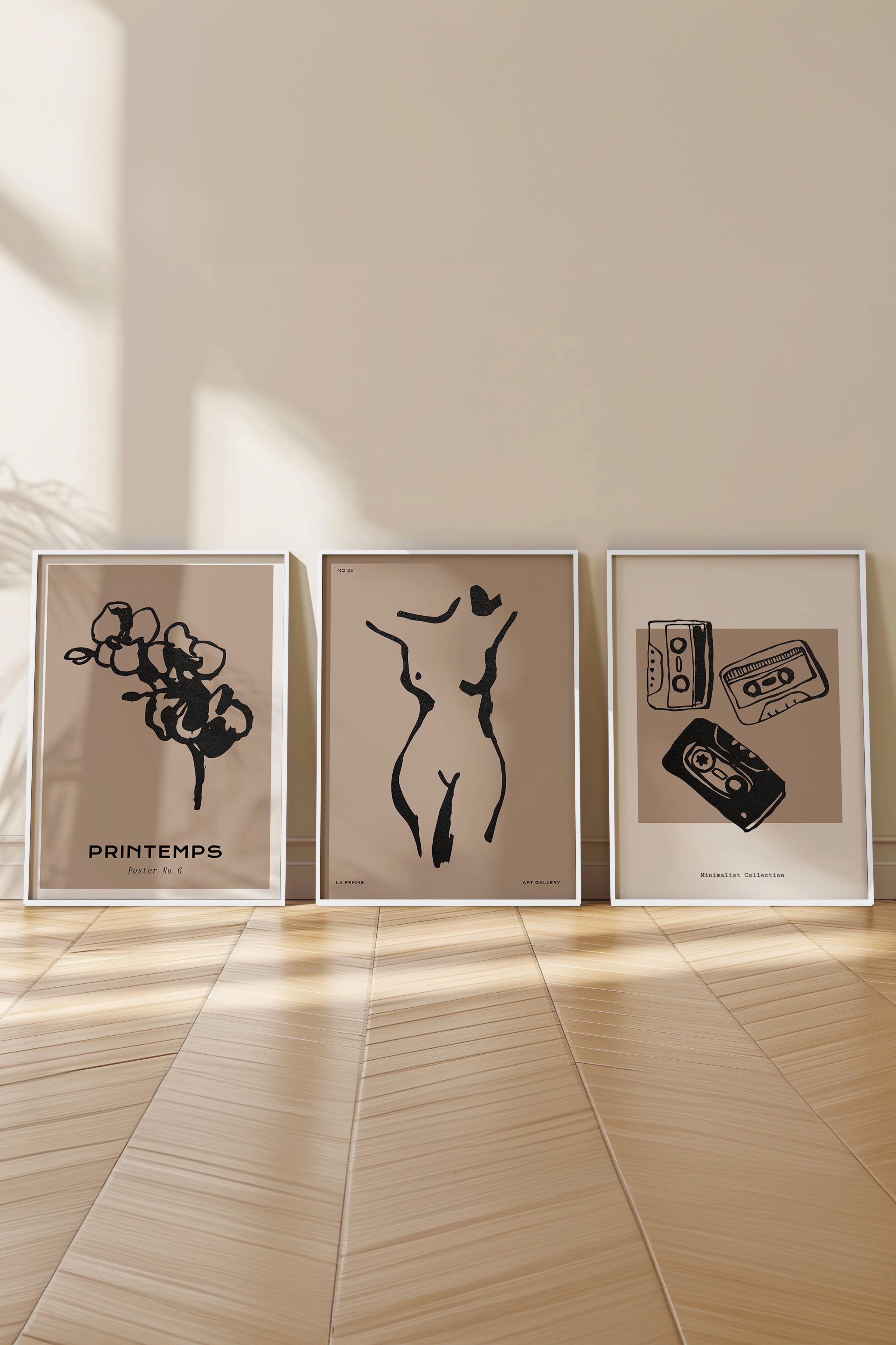 Çerçeveli Tablo Seti, 3 Adet Beyaz Çerçeve ve Minimalist Çizim Temalı Poster Seti, No:300597