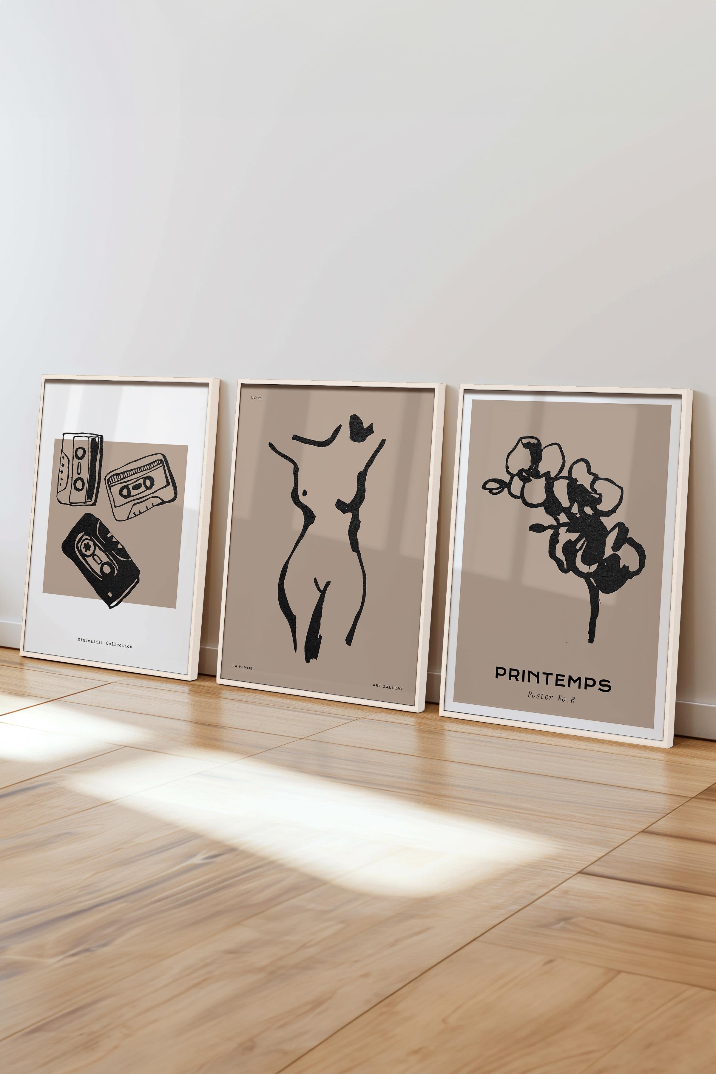 Çerçeveli Tablo Seti, 3 Adet Beyaz Çerçeve ve Minimalist Çizim Temalı Poster Seti, No:300597