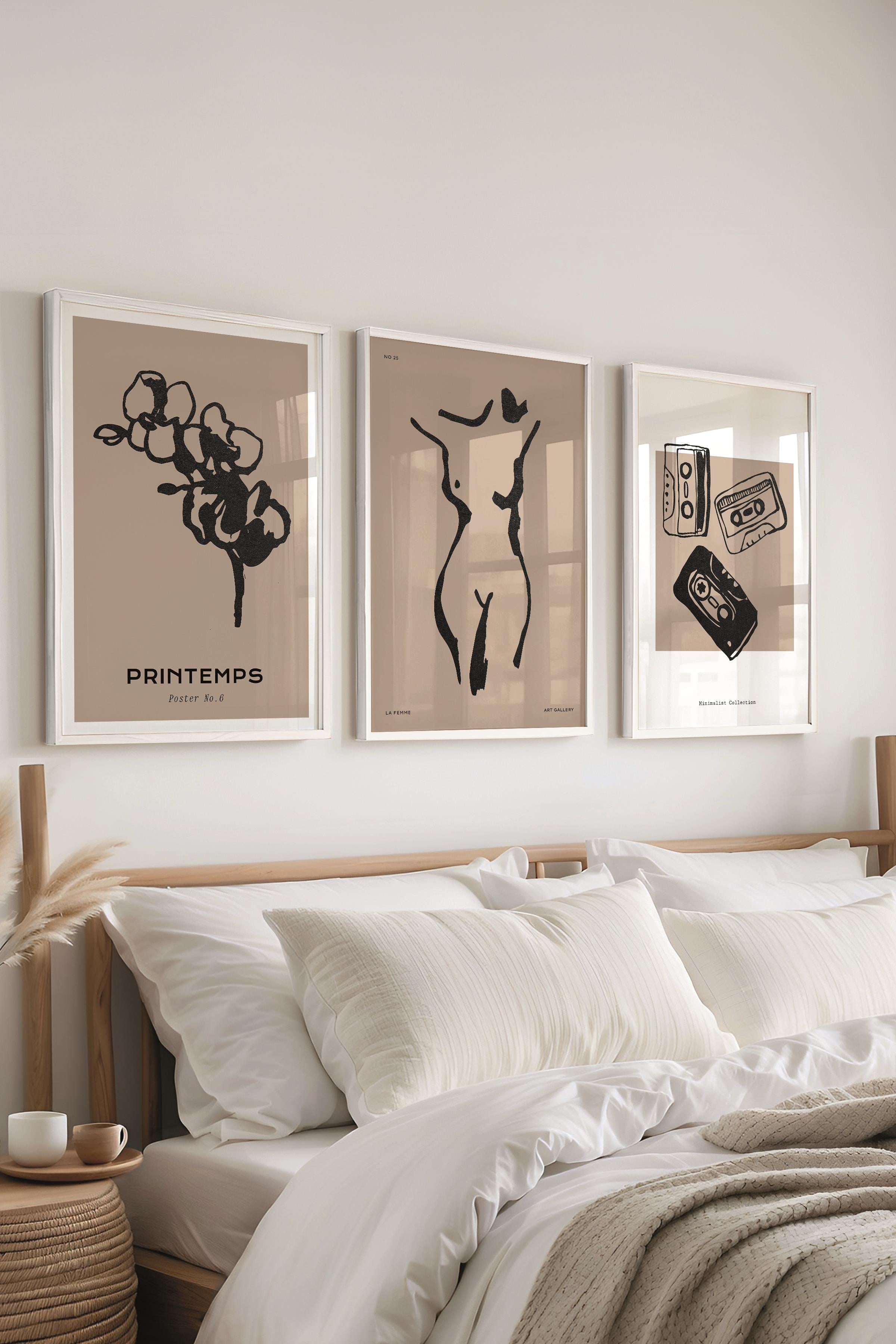 Çerçeveli Tablo Seti, 3 Adet Beyaz Çerçeve ve Minimalist Çizim Temalı Poster Seti, No:300597