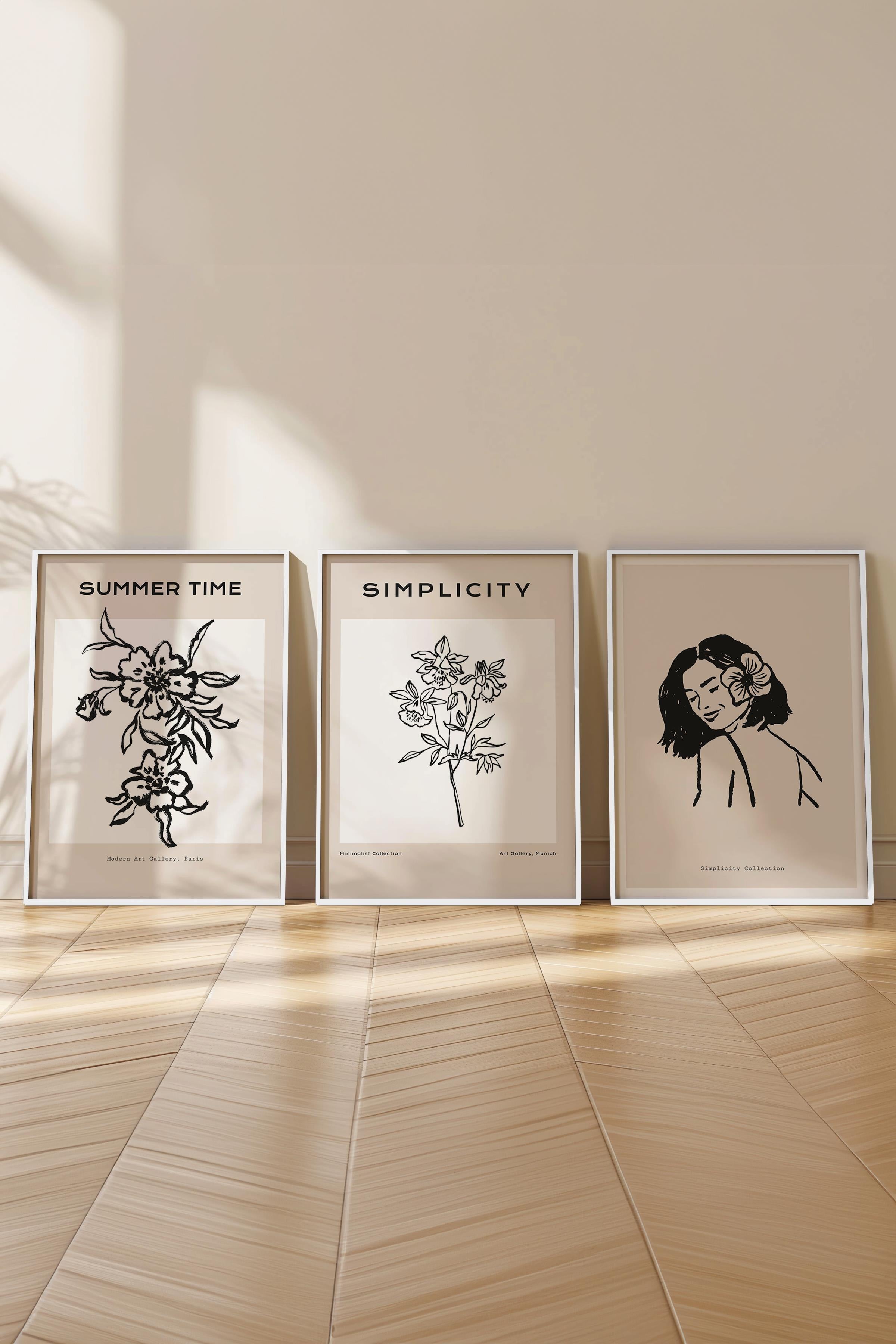 Çerçeveli Tablo Seti, 3 Adet Beyaz Çerçeve ve Minimalist Çizim Temalı Poster Seti, No:300603