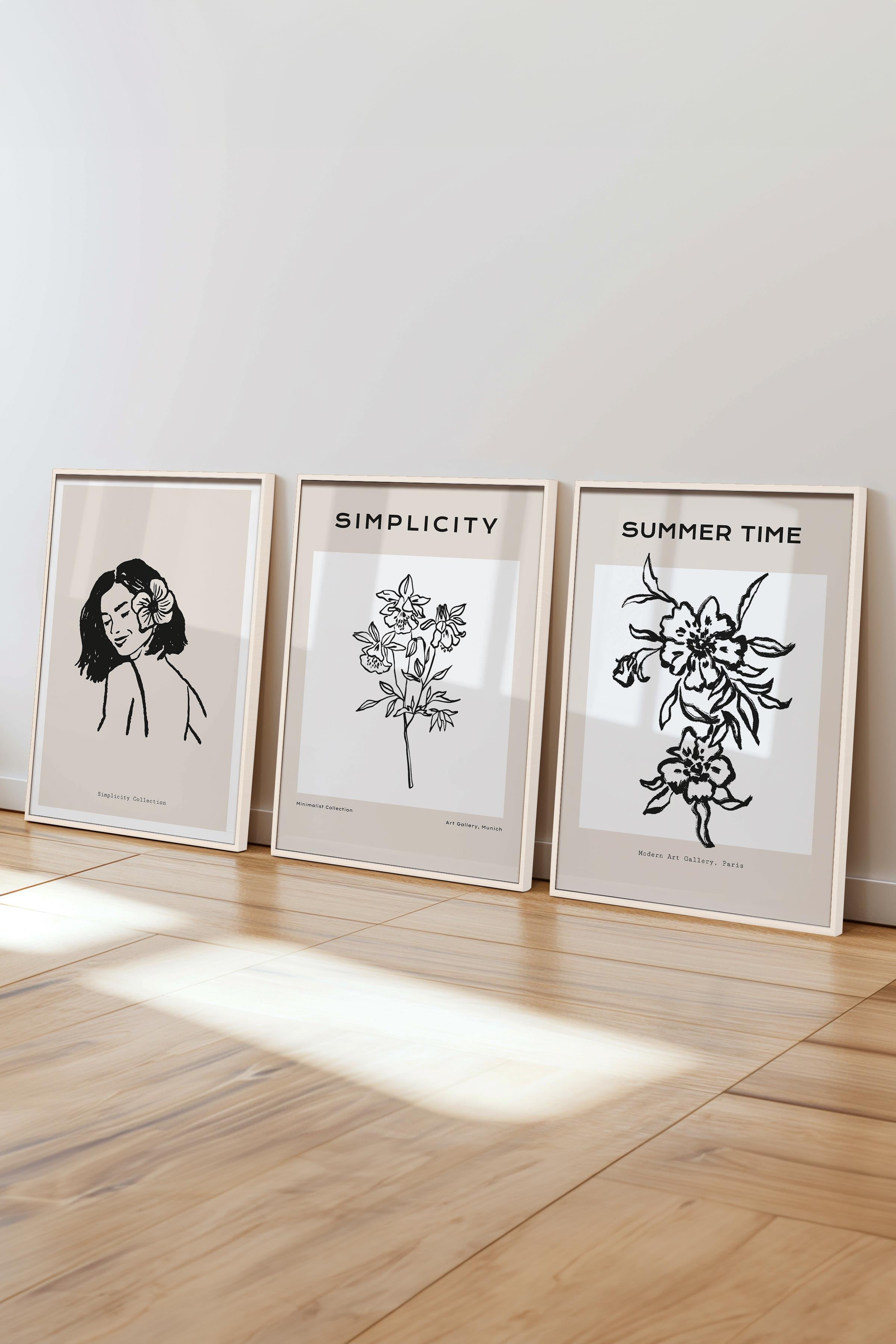 Çerçeveli Tablo Seti, 3 Adet Beyaz Çerçeve ve Minimalist Çizim Temalı Poster Seti, No:300603