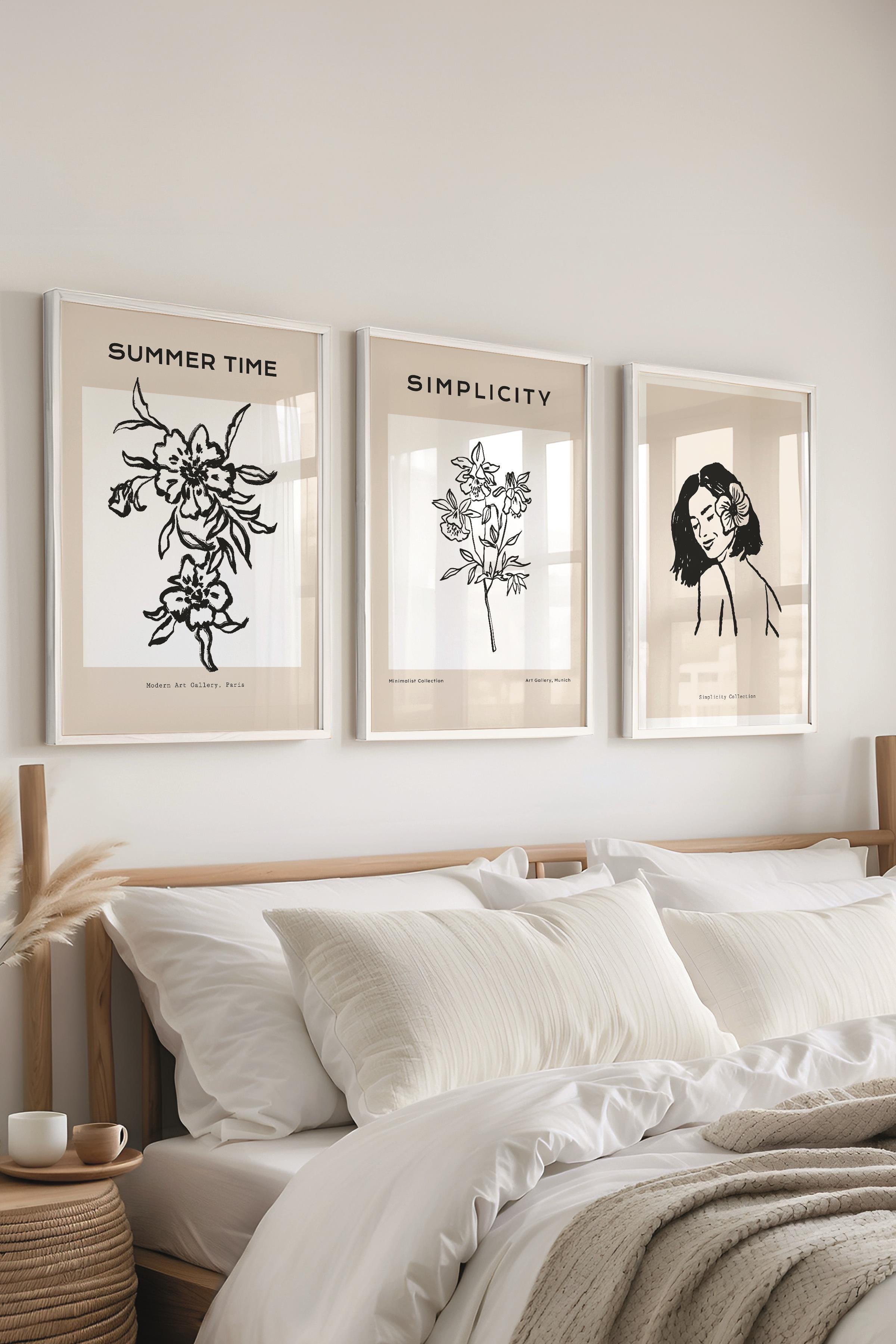 Çerçeveli Tablo Seti, 3 Adet Beyaz Çerçeve ve Minimalist Çizim Temalı Poster Seti, No:300603