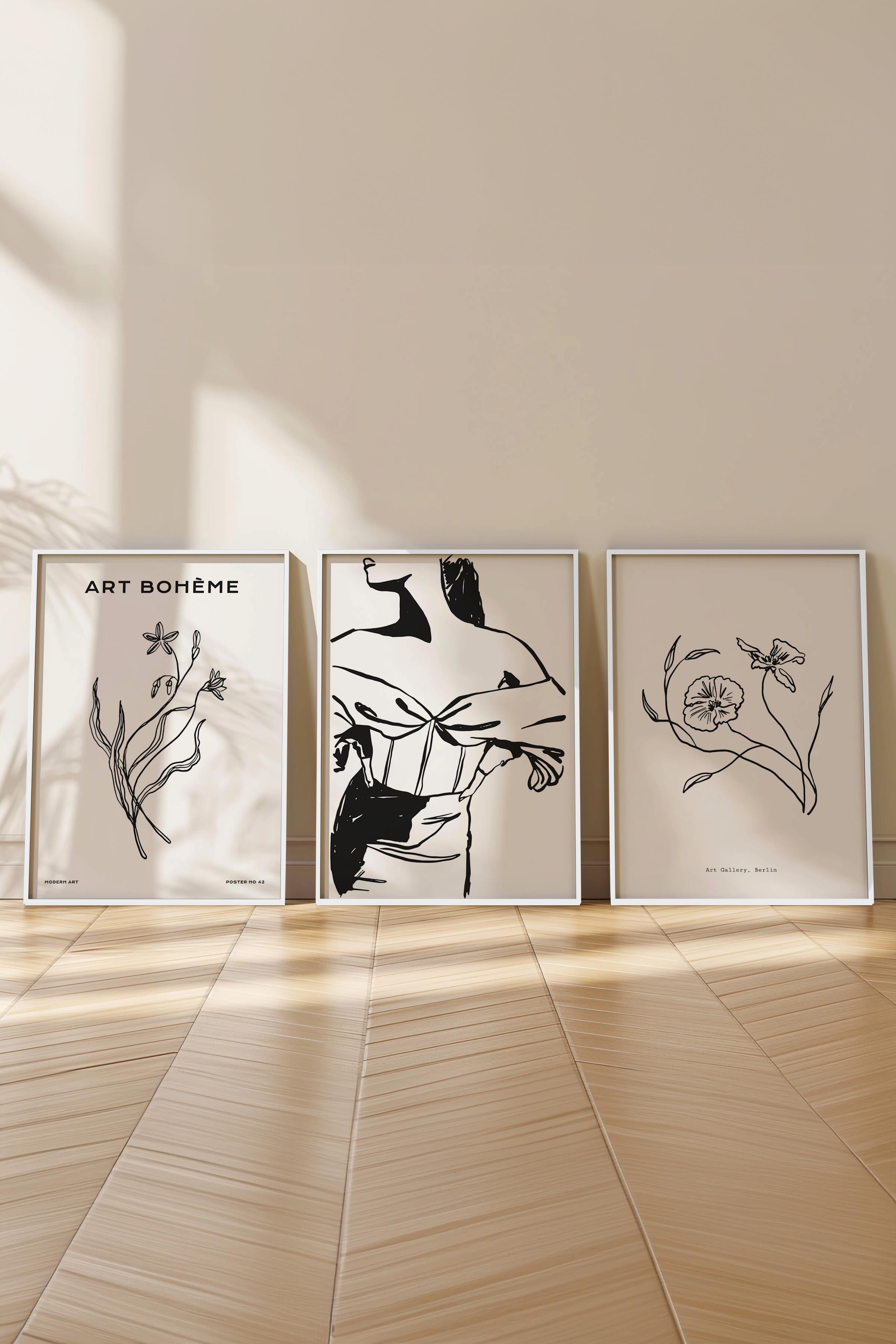 Çerçeveli Tablo Seti, 3 Adet Beyaz Çerçeve ve Minimalist Çizim Temalı Poster Seti, No:300605