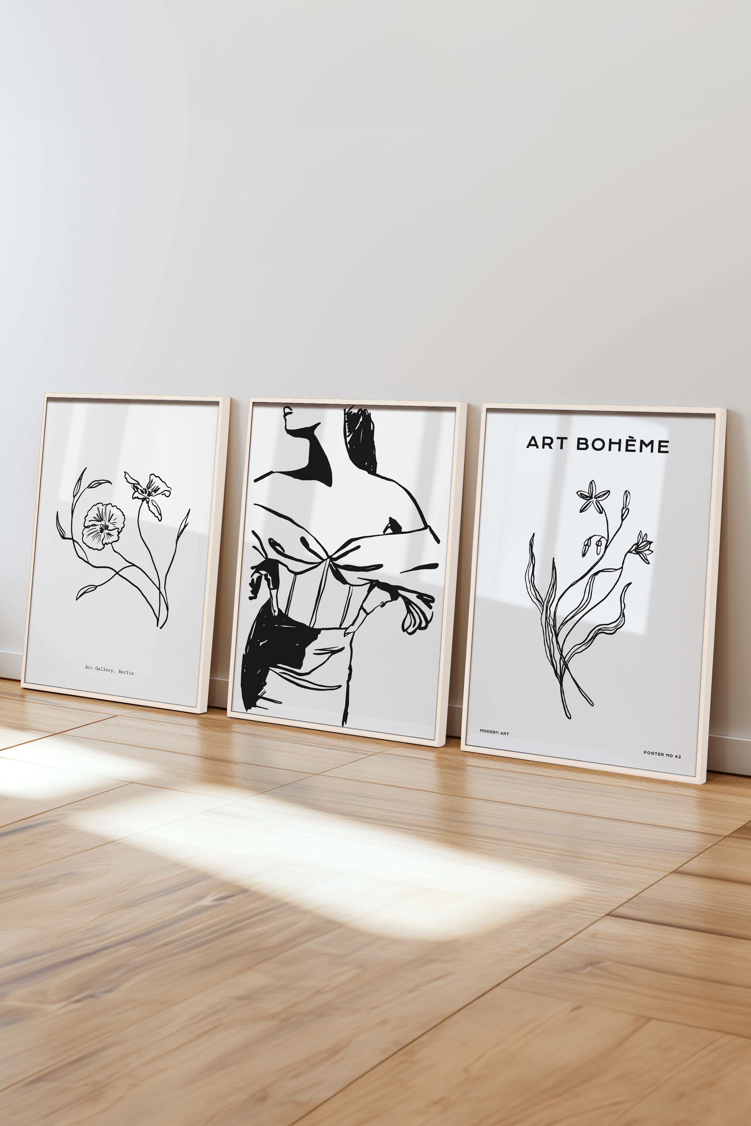 Çerçeveli Tablo Seti, 3 Adet Beyaz Çerçeve ve Minimalist Çizim Temalı Poster Seti, No:300605