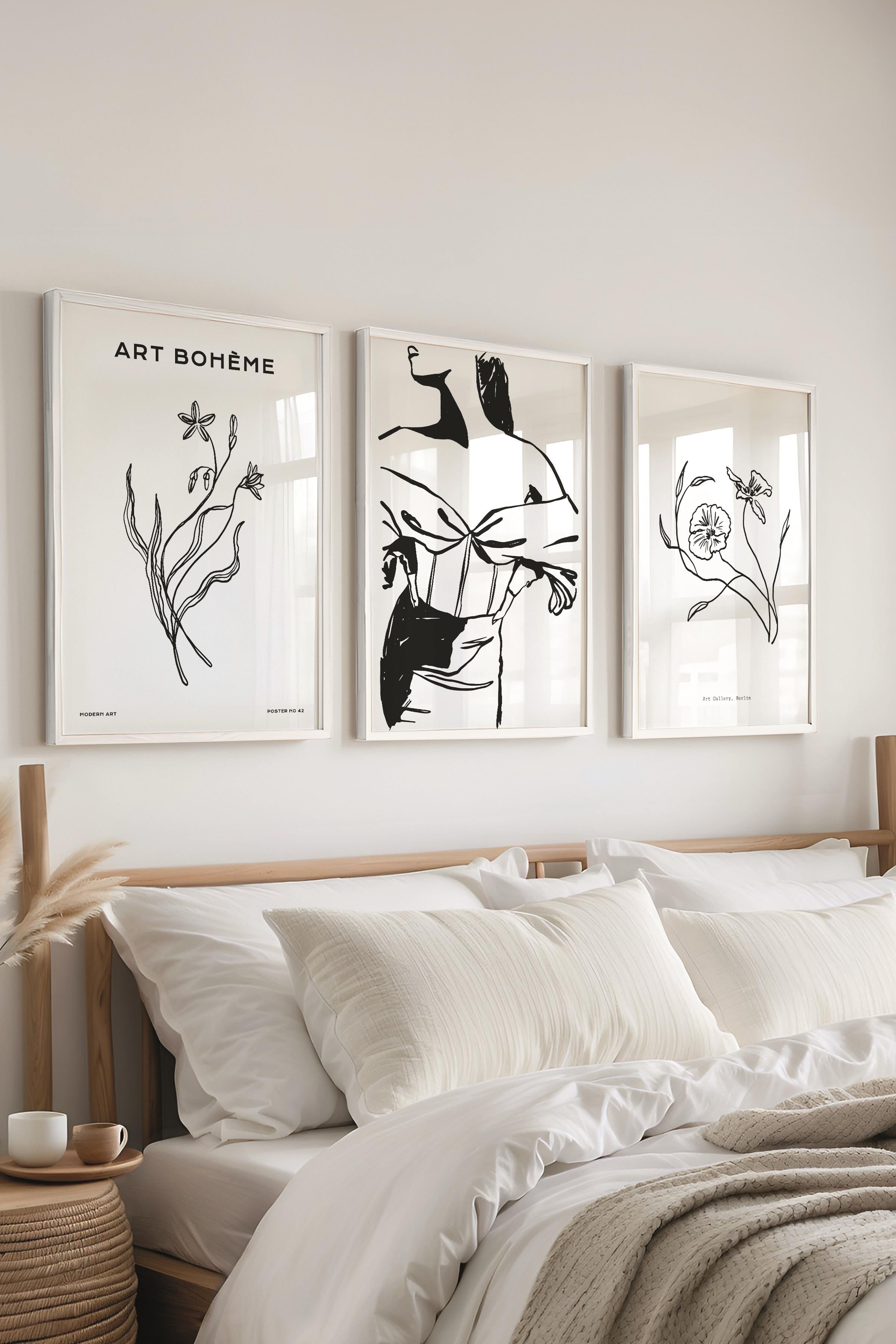 Çerçeveli Tablo Seti, 3 Adet Beyaz Çerçeve ve Minimalist Çizim Temalı Poster Seti, No:300605