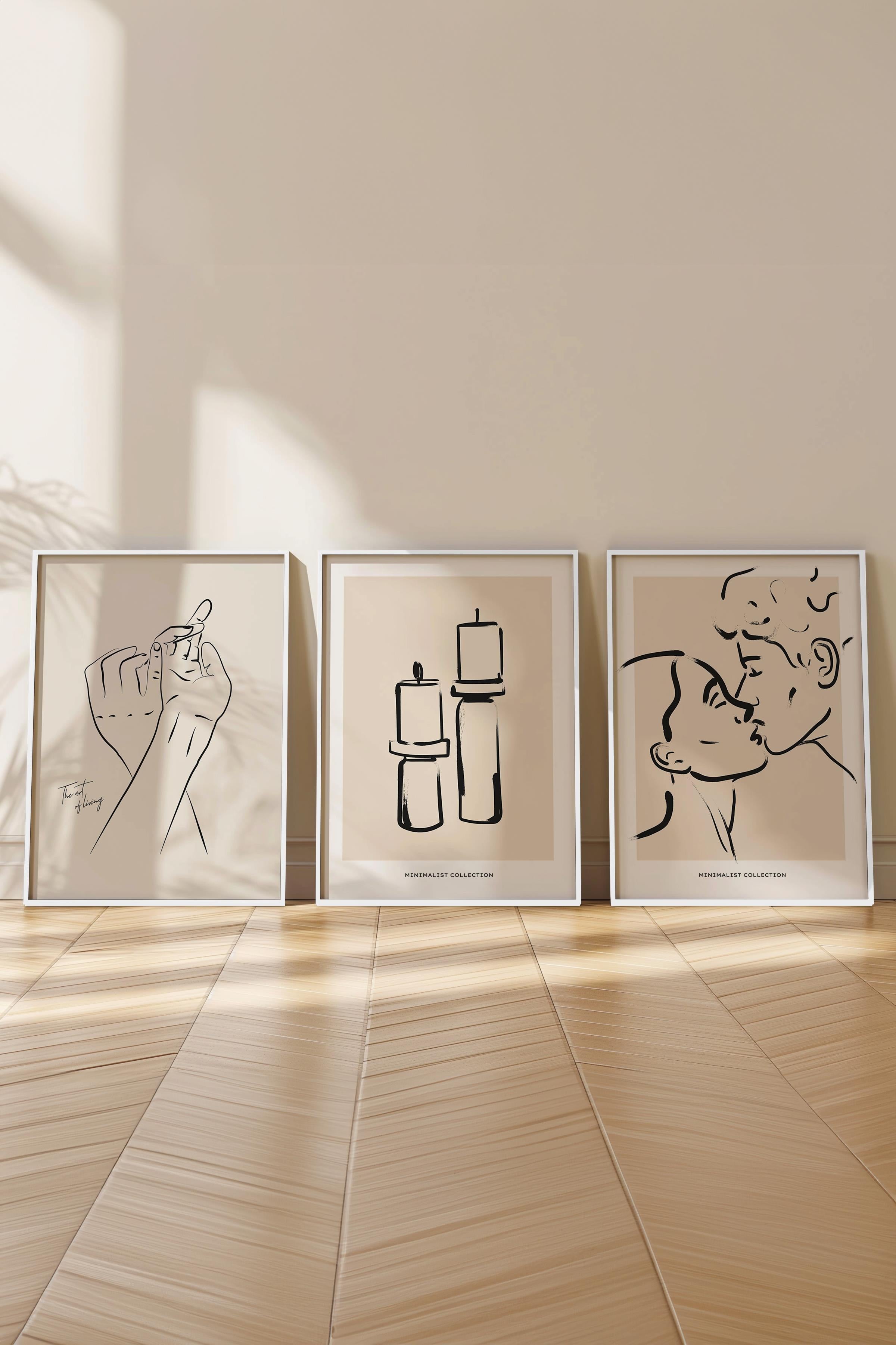 Çerçeveli Tablo Seti, 3 Adet Beyaz Çerçeve ve Minimalist Çizim Temalı Poster Seti, No:300607