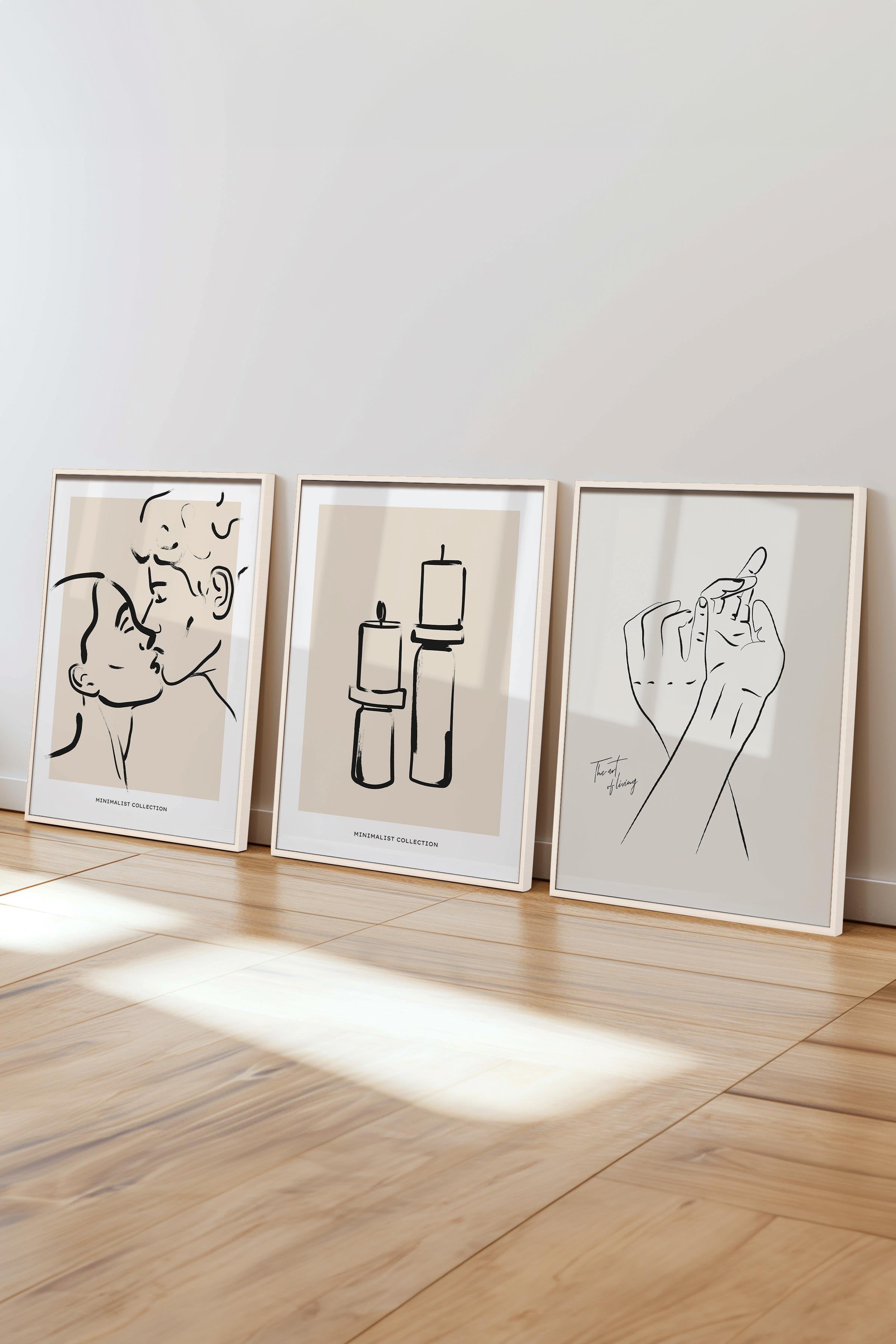 Çerçeveli Tablo Seti, 3 Adet Beyaz Çerçeve ve Minimalist Çizim Temalı Poster Seti, No:300607