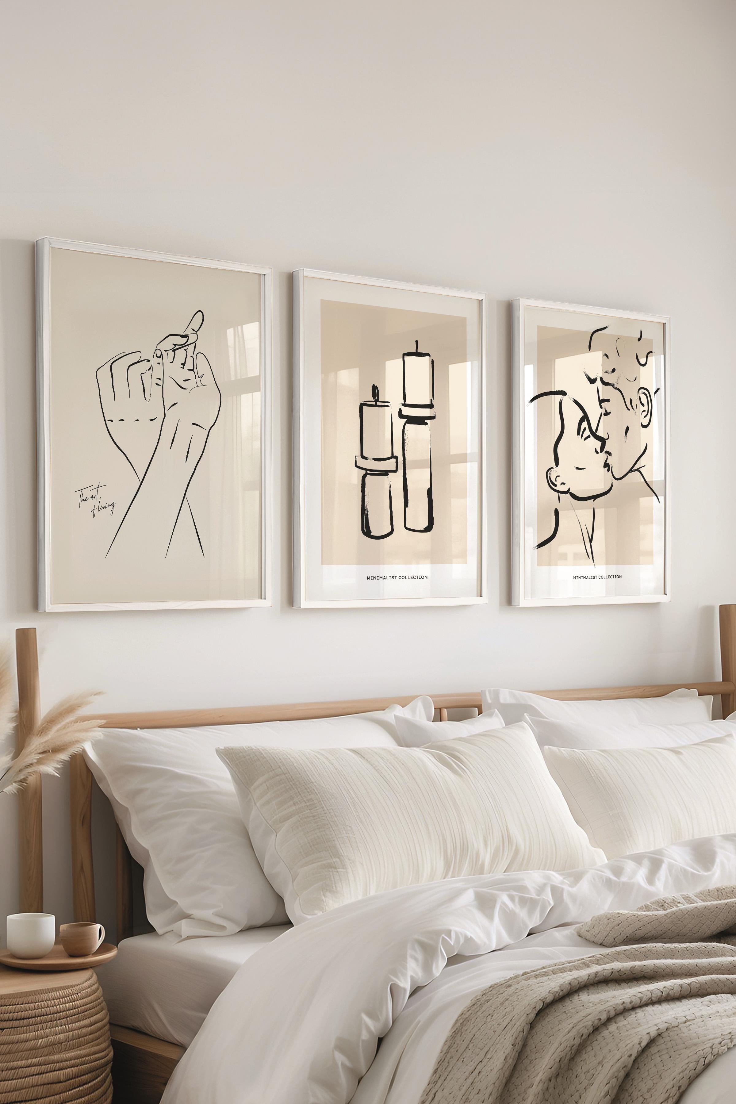 Çerçeveli Tablo Seti, 3 Adet Beyaz Çerçeve ve Minimalist Çizim Temalı Poster Seti, No:300607