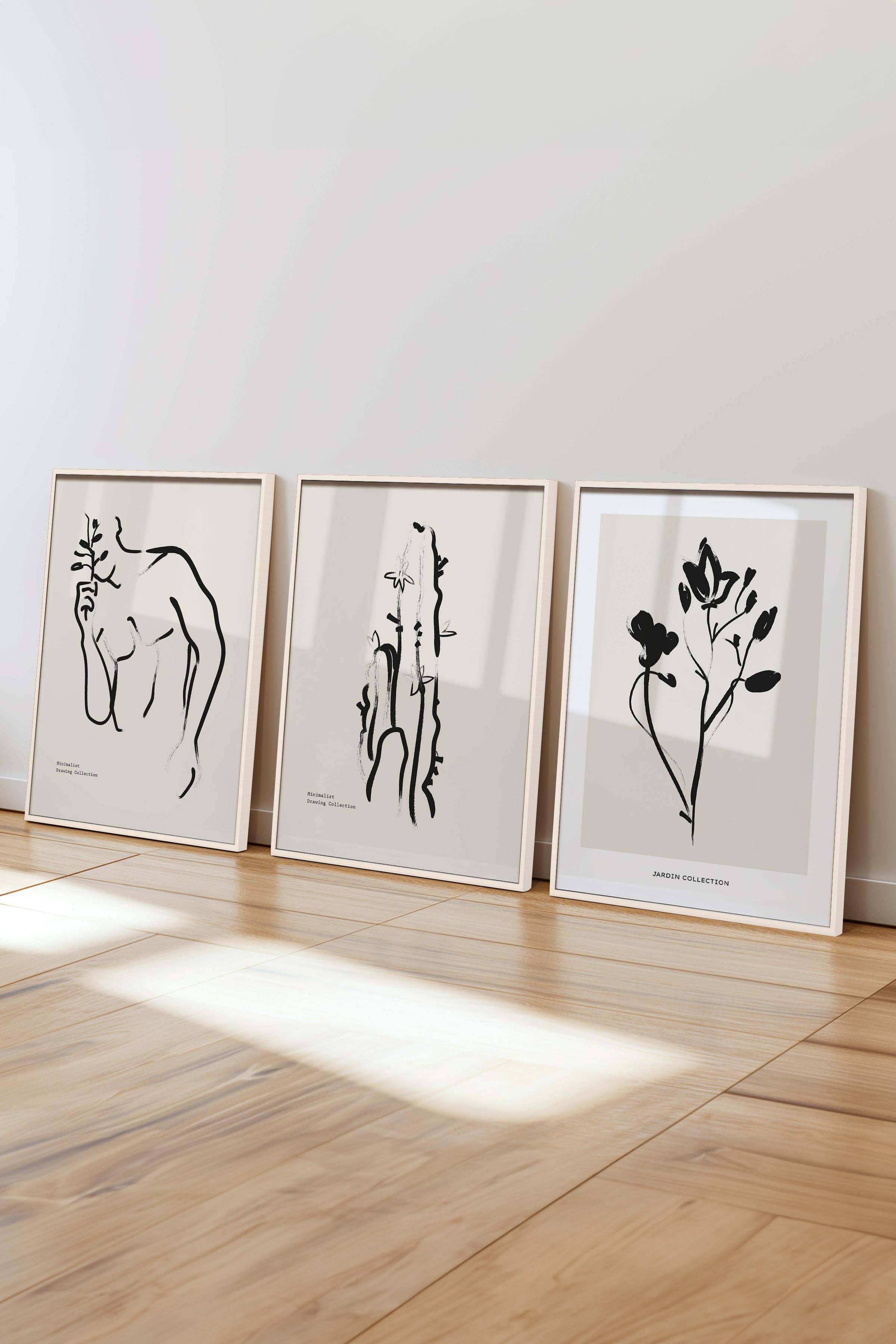 Çerçeveli Tablo Seti, 3 Adet Beyaz Çerçeve ve Minimalist Çizim Temalı Poster Seti, No:300609