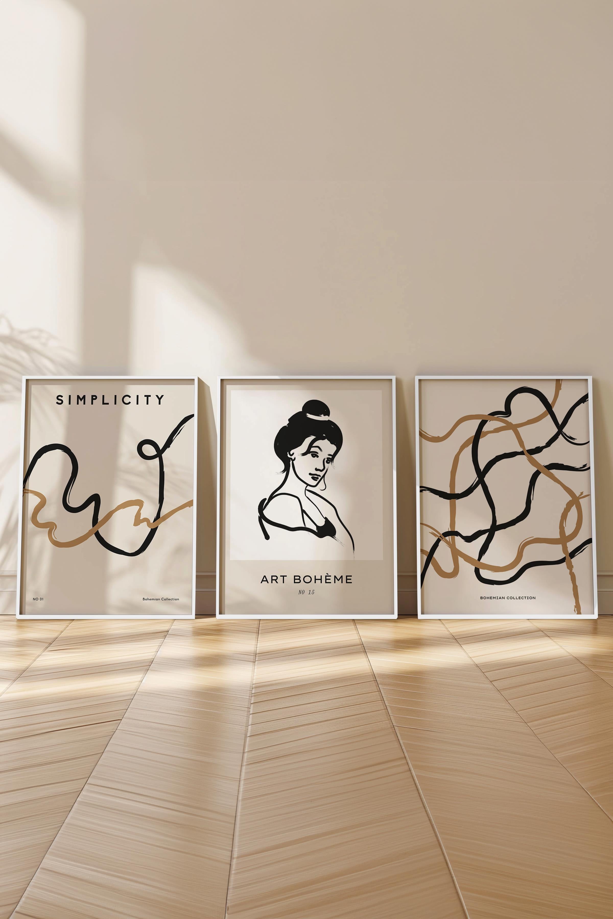 Çerçeveli Tablo Seti, 3 Adet Beyaz Çerçeve ve Minimalist Çizim Temalı Poster Seti, No:300610