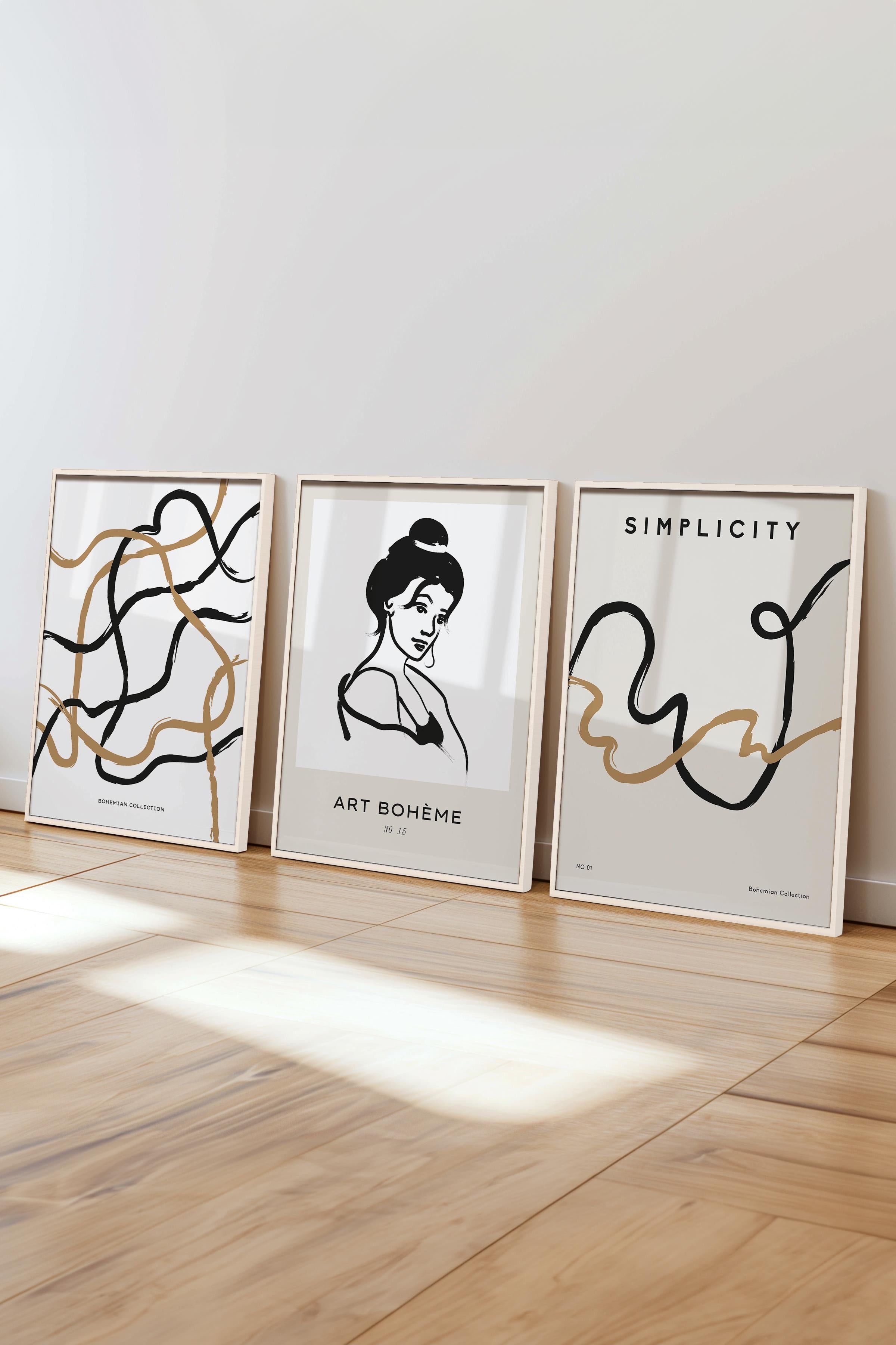 Çerçeveli Tablo Seti, 3 Adet Beyaz Çerçeve ve Minimalist Çizim Temalı Poster Seti, No:300610