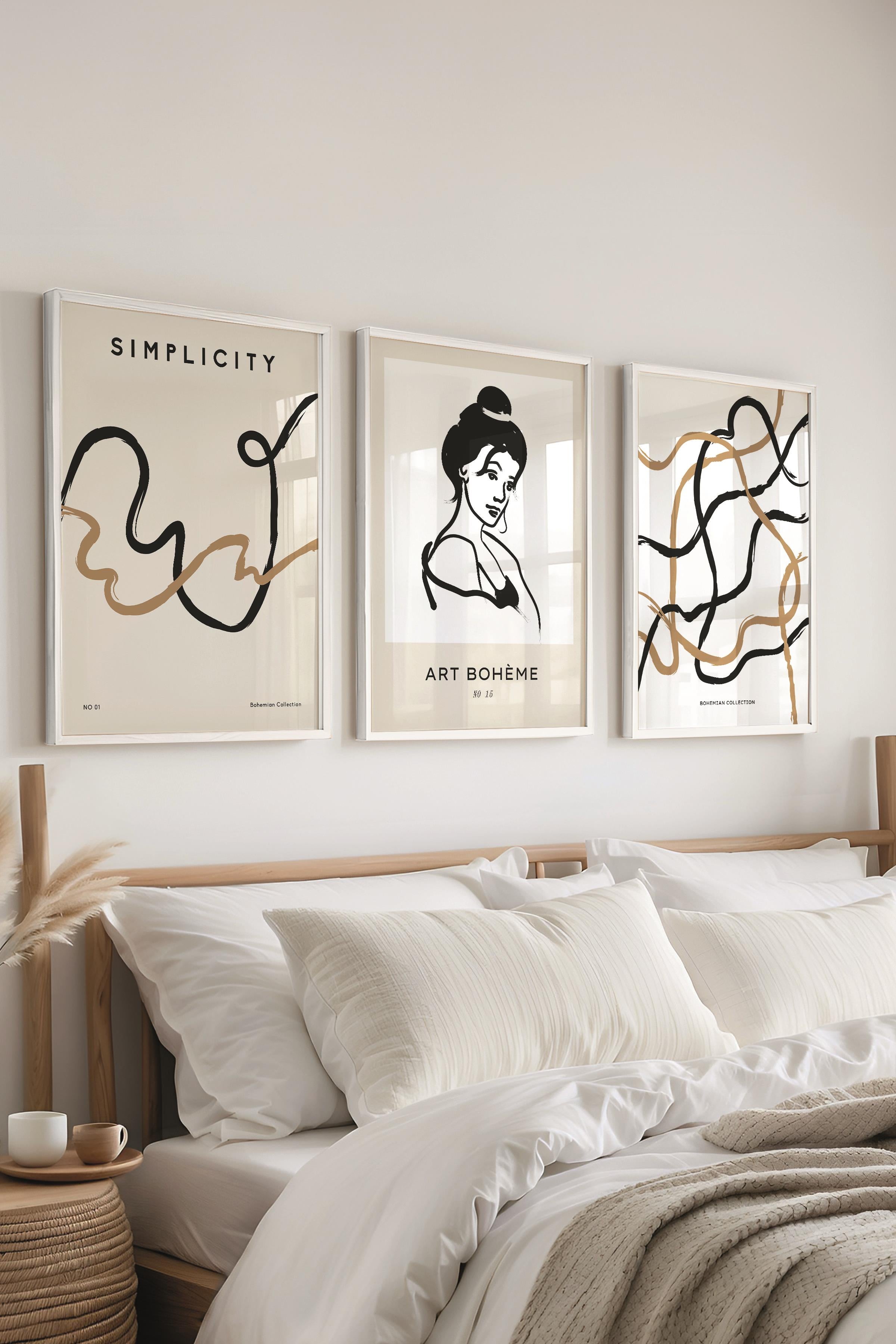 Çerçeveli Tablo Seti, 3 Adet Beyaz Çerçeve ve Minimalist Çizim Temalı Poster Seti, No:300610