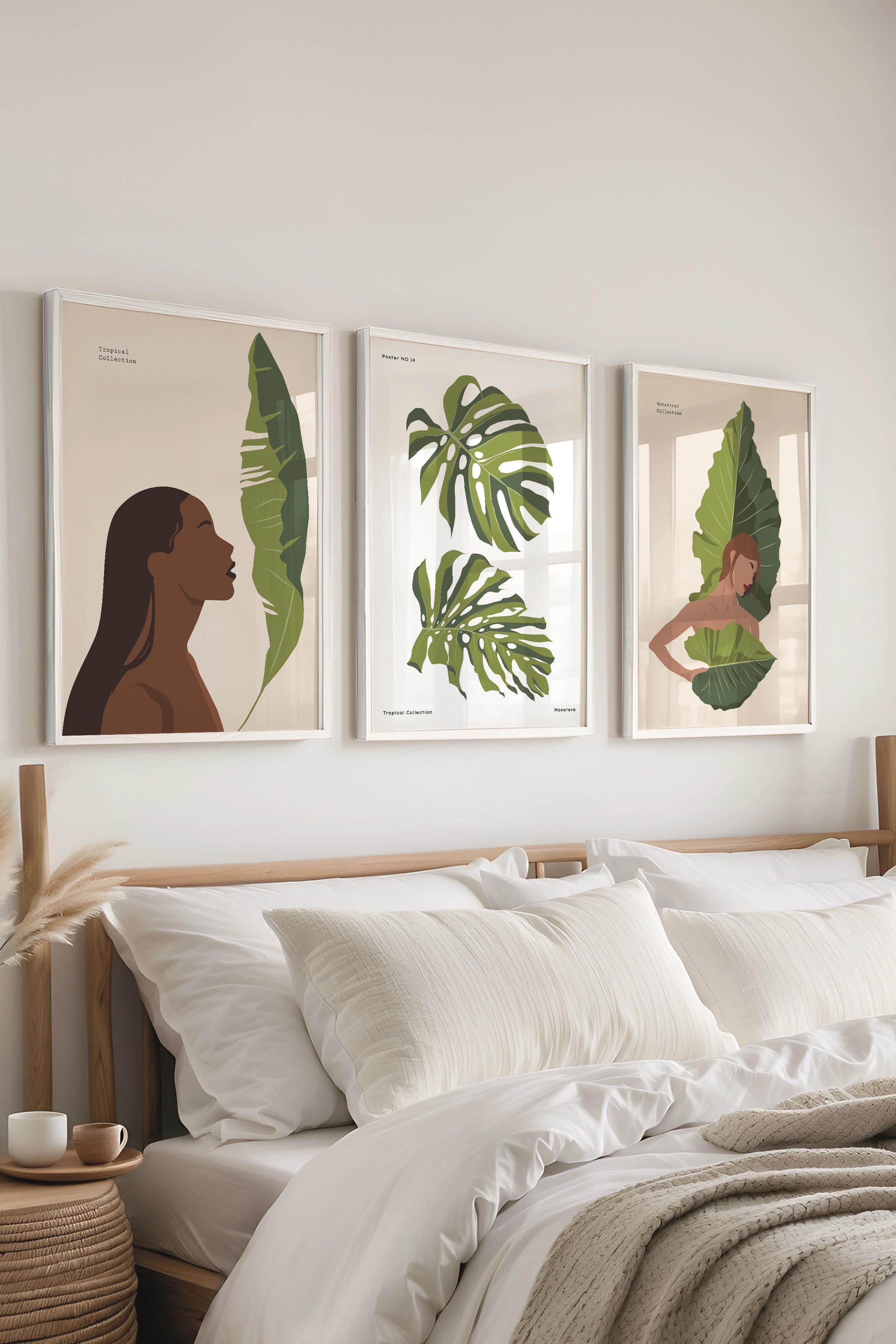 Çerçeveli Tablo Seti, 3 Adet Beyaz Çerçeve ve Minimalist Çizim Temalı Poster Seti, No:300618