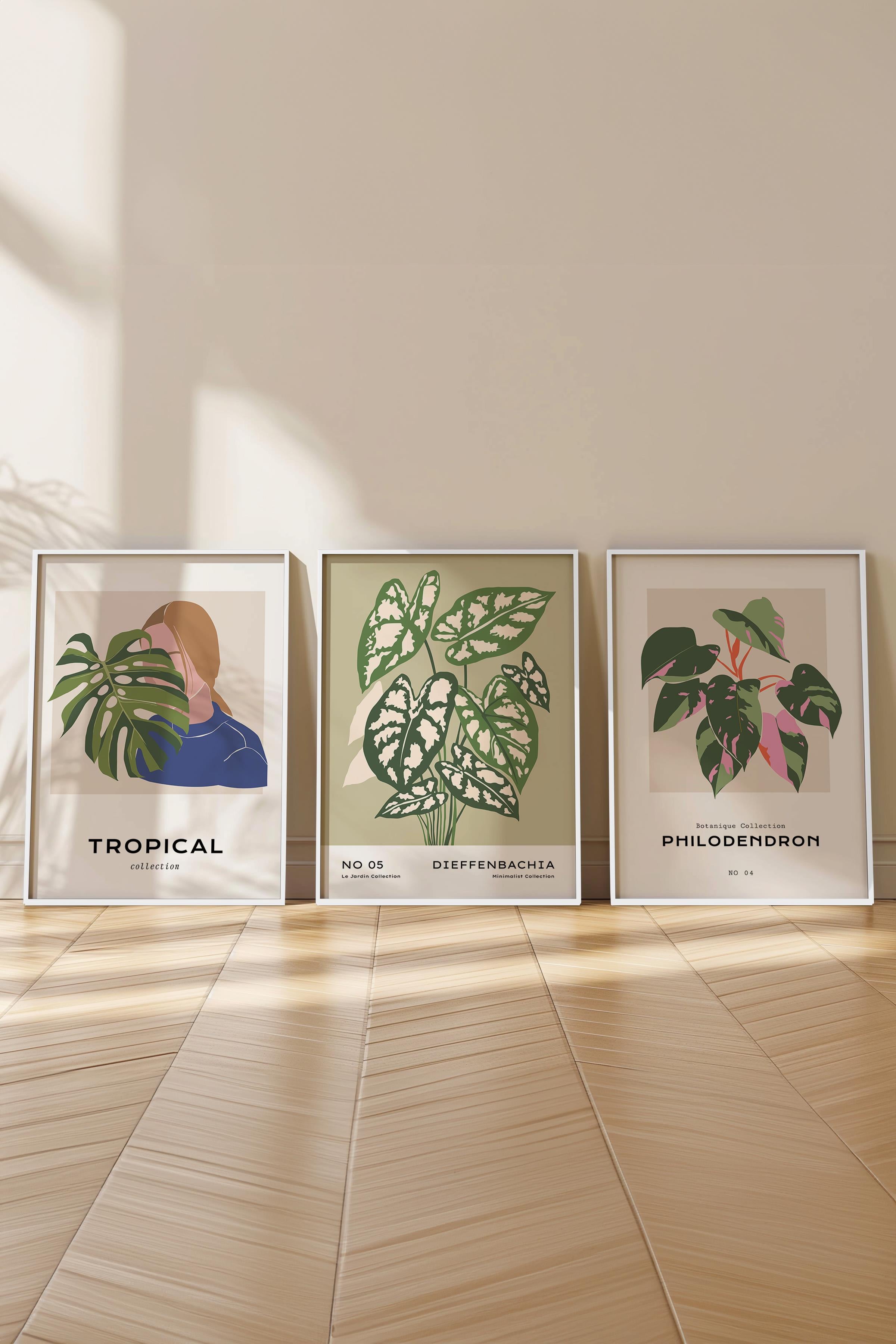 Çerçeveli Tablo Seti, 3 Adet Beyaz Çerçeve ve Minimalist Çizim Temalı Poster Seti, No:300619