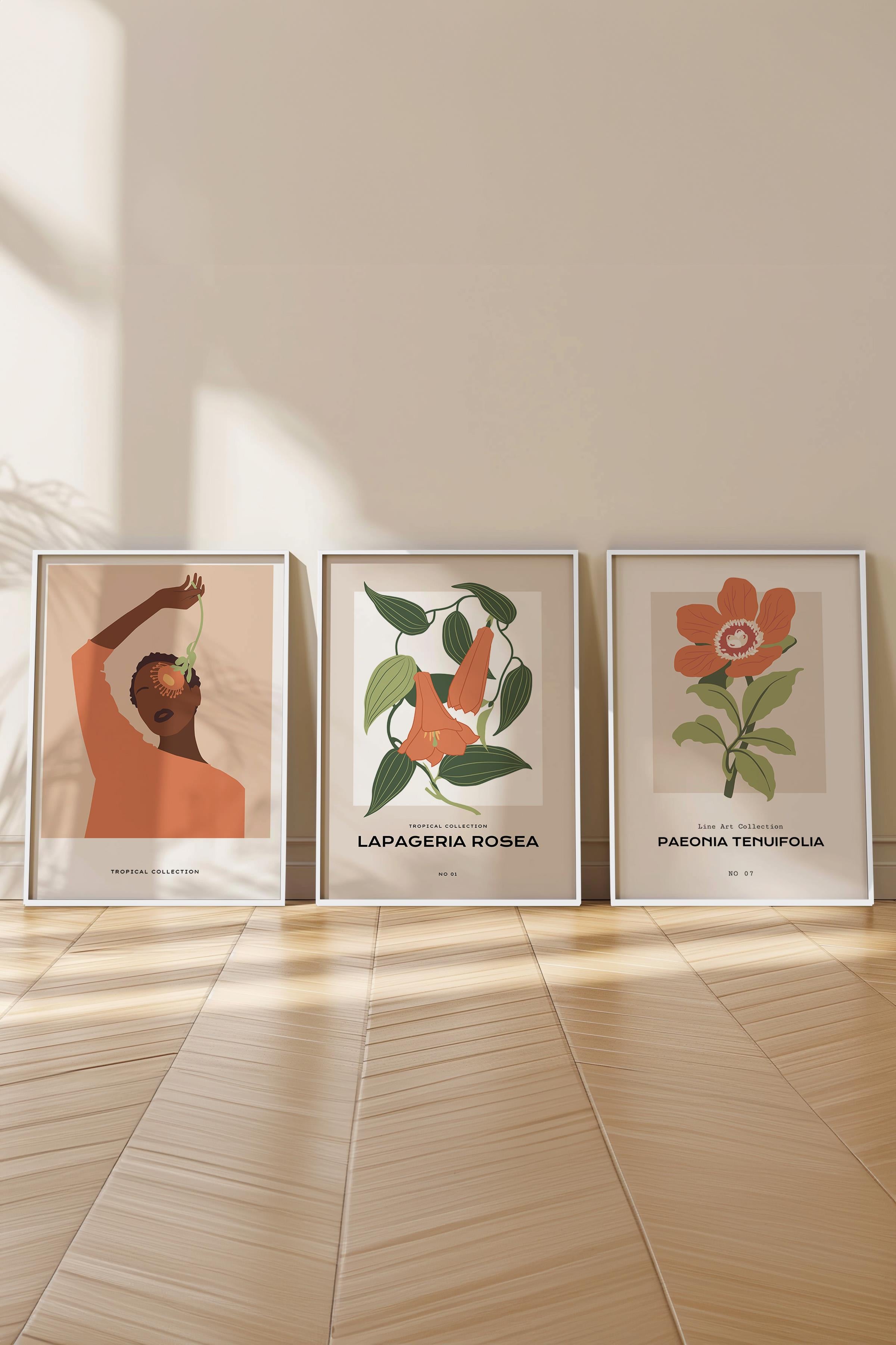 Çerçeveli Tablo Seti, 3 Adet Beyaz Çerçeve ve Minimalist Çizim Temalı Poster Seti, No:300620