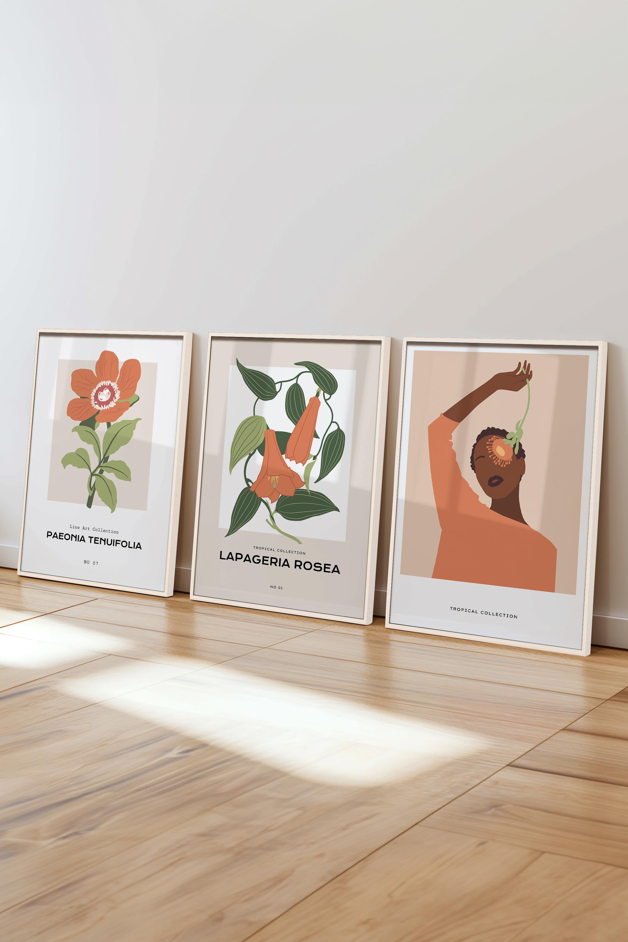 Çerçeveli Tablo Seti, 3 Adet Beyaz Çerçeve ve Minimalist Çizim Temalı Poster Seti, No:300620