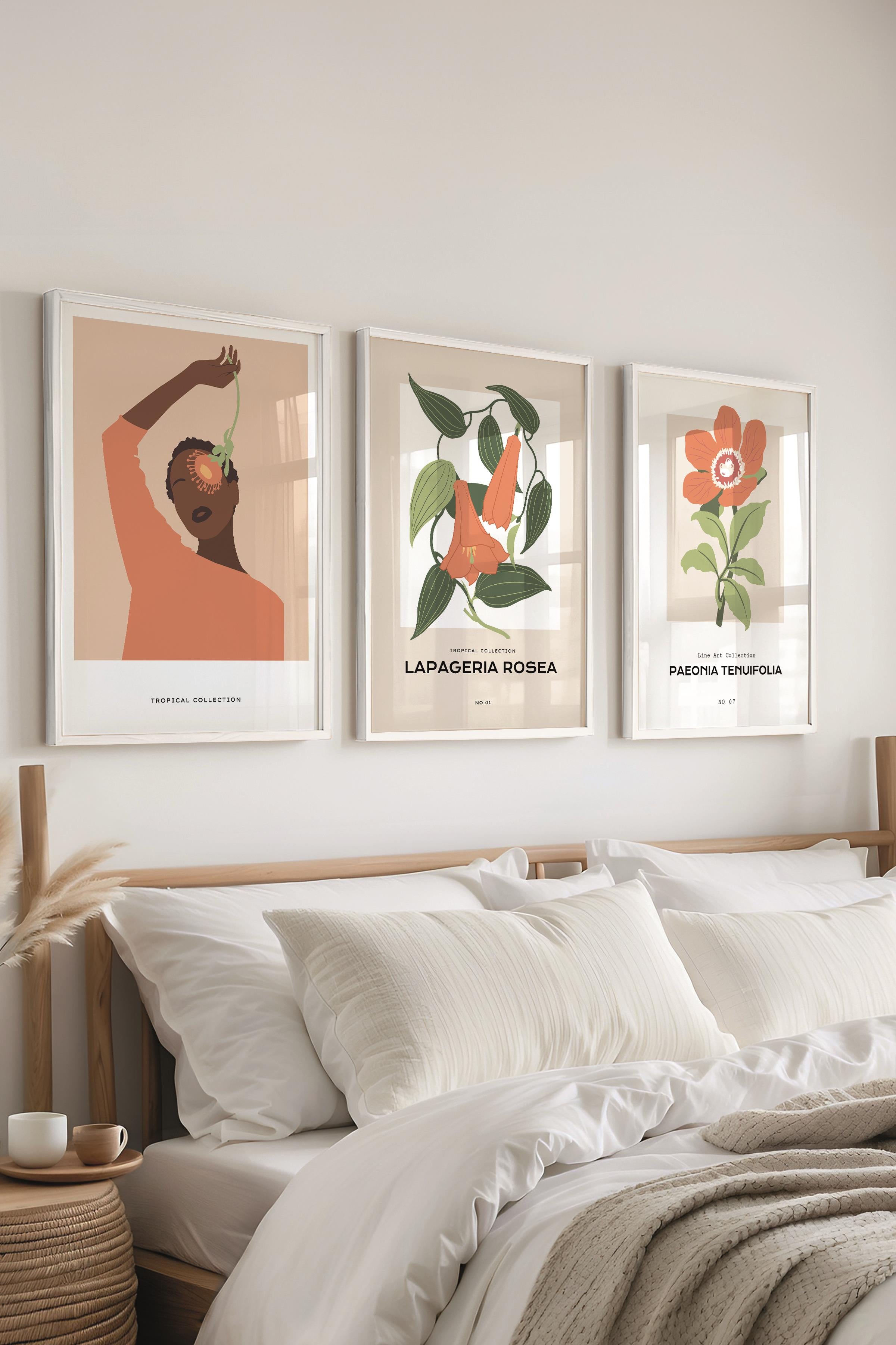 Çerçeveli Tablo Seti, 3 Adet Beyaz Çerçeve ve Minimalist Çizim Temalı Poster Seti, No:300620