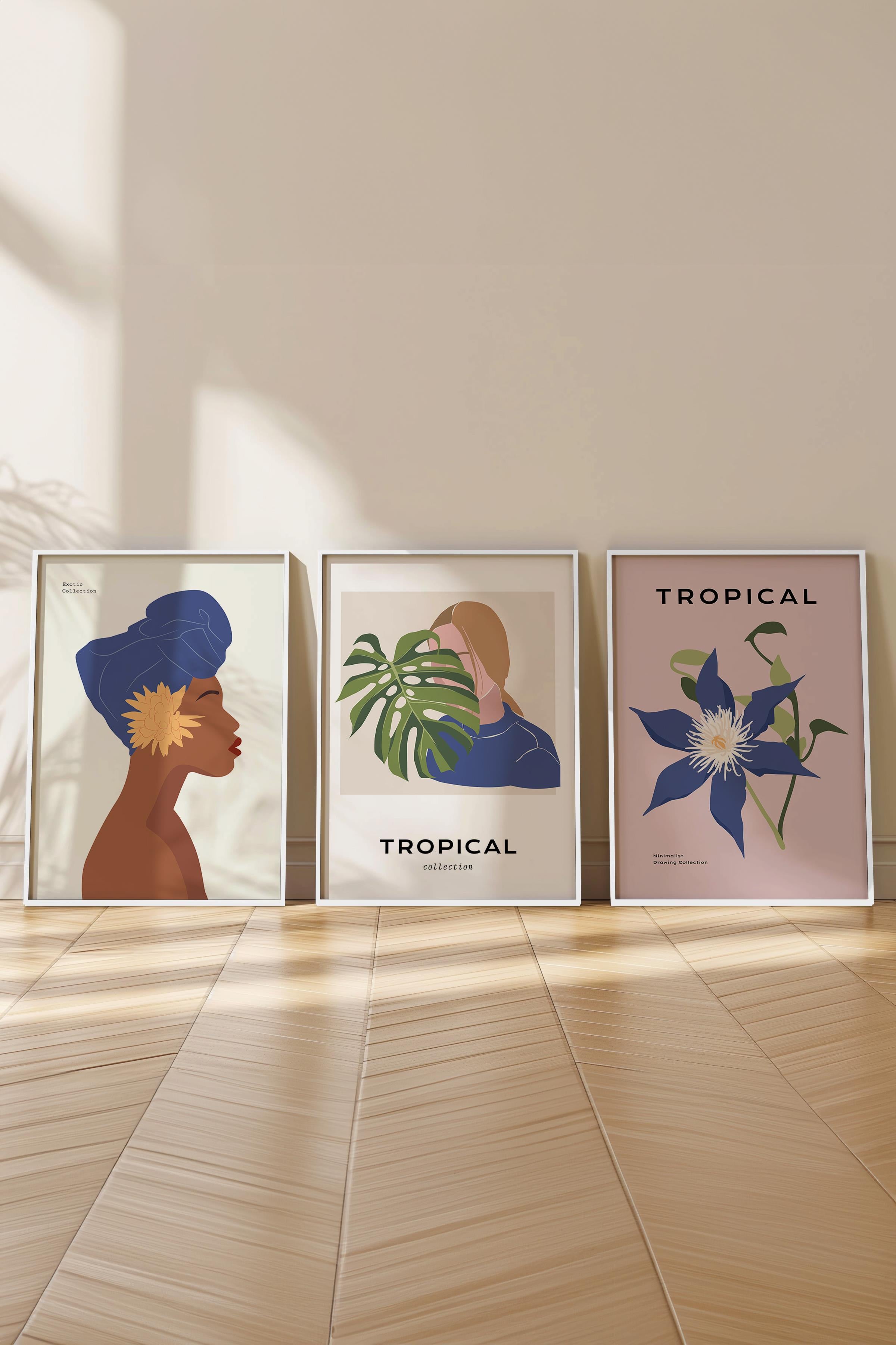 Çerçeveli Tablo Seti, 3 Adet Beyaz Çerçeve ve Minimalist Çizim Temalı Poster Seti, No:300621