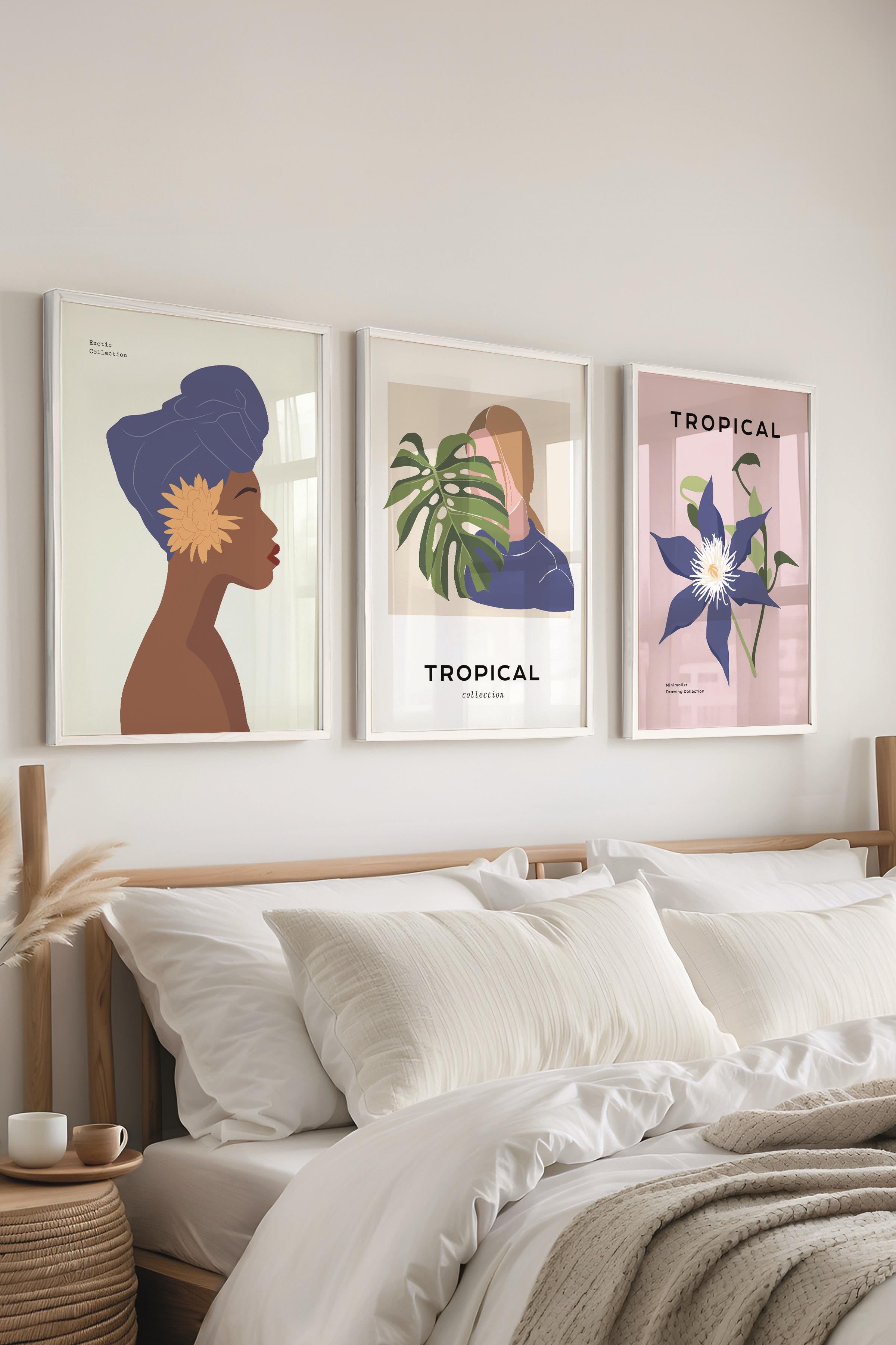 Çerçeveli Tablo Seti, 3 Adet Beyaz Çerçeve ve Minimalist Çizim Temalı Poster Seti, No:300621