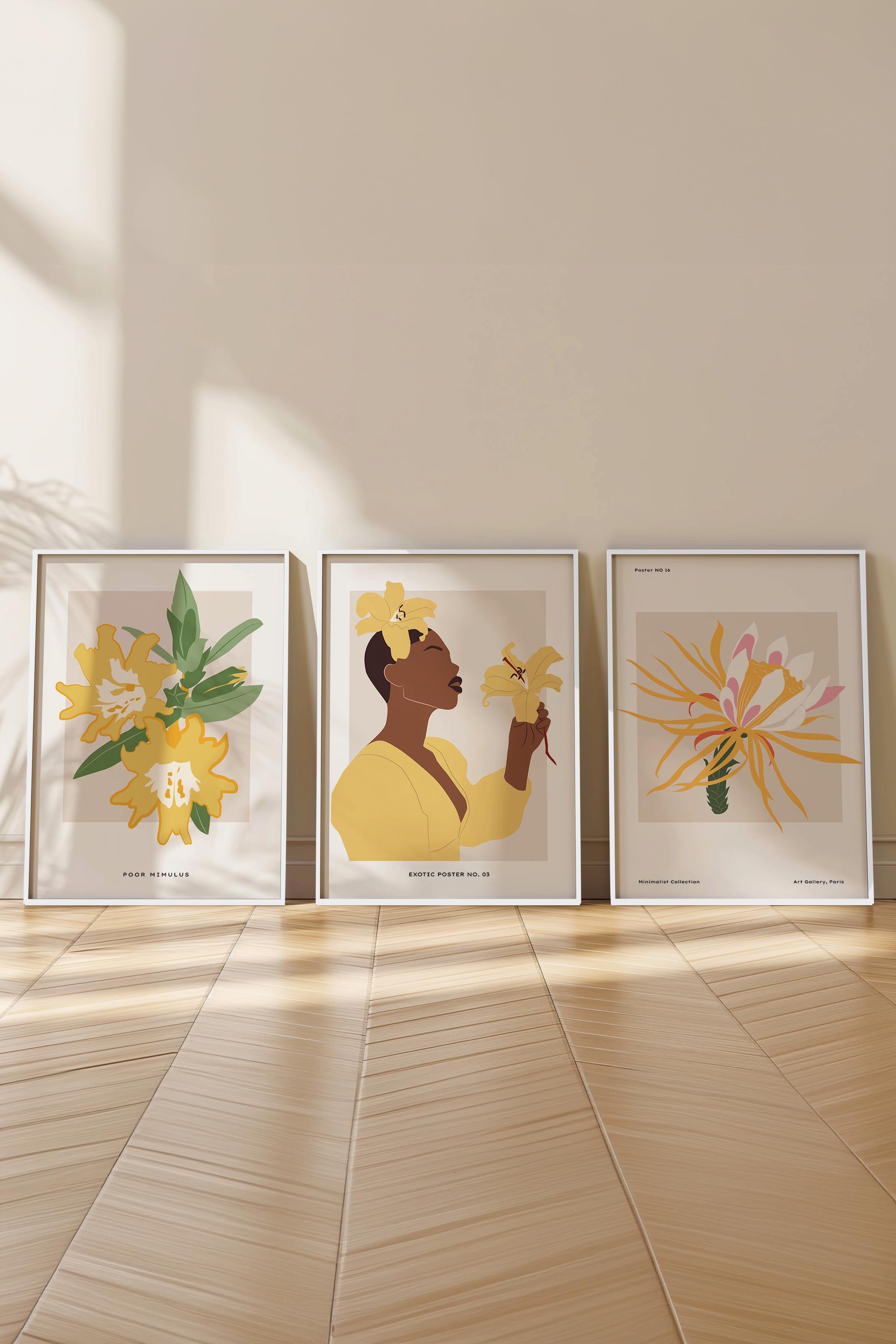 Çerçeveli Tablo Seti, 3 Adet Beyaz Çerçeve ve Minimalist Çizim Temalı Poster Seti, No:300623