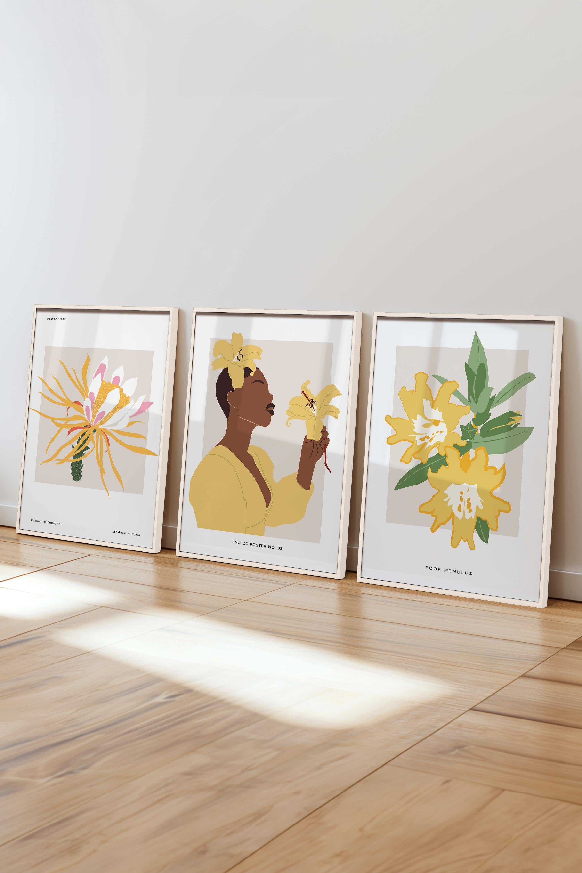 Çerçeveli Tablo Seti, 3 Adet Beyaz Çerçeve ve Minimalist Çizim Temalı Poster Seti, No:300623