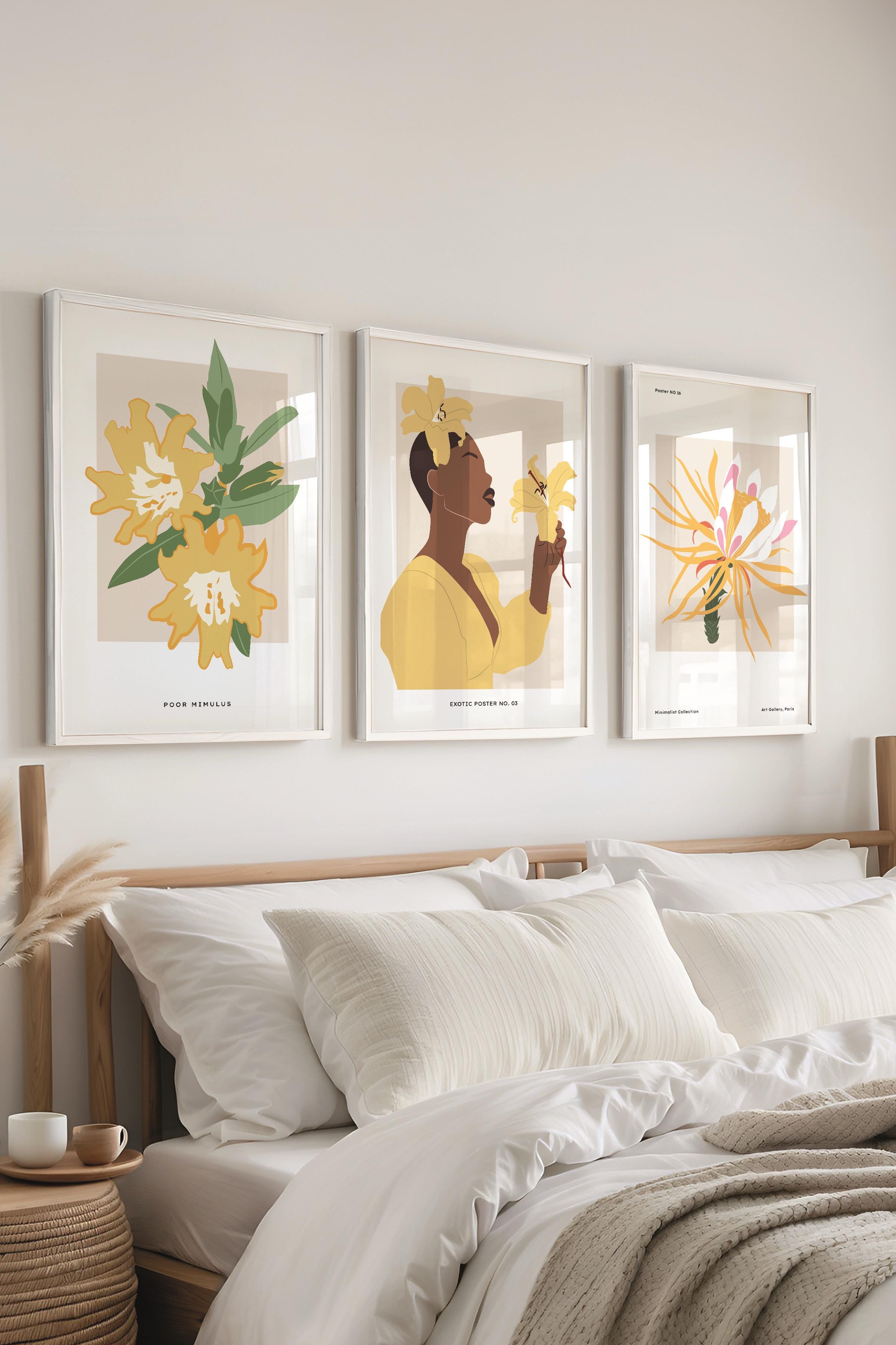 Çerçeveli Tablo Seti, 3 Adet Beyaz Çerçeve ve Minimalist Çizim Temalı Poster Seti, No:300623