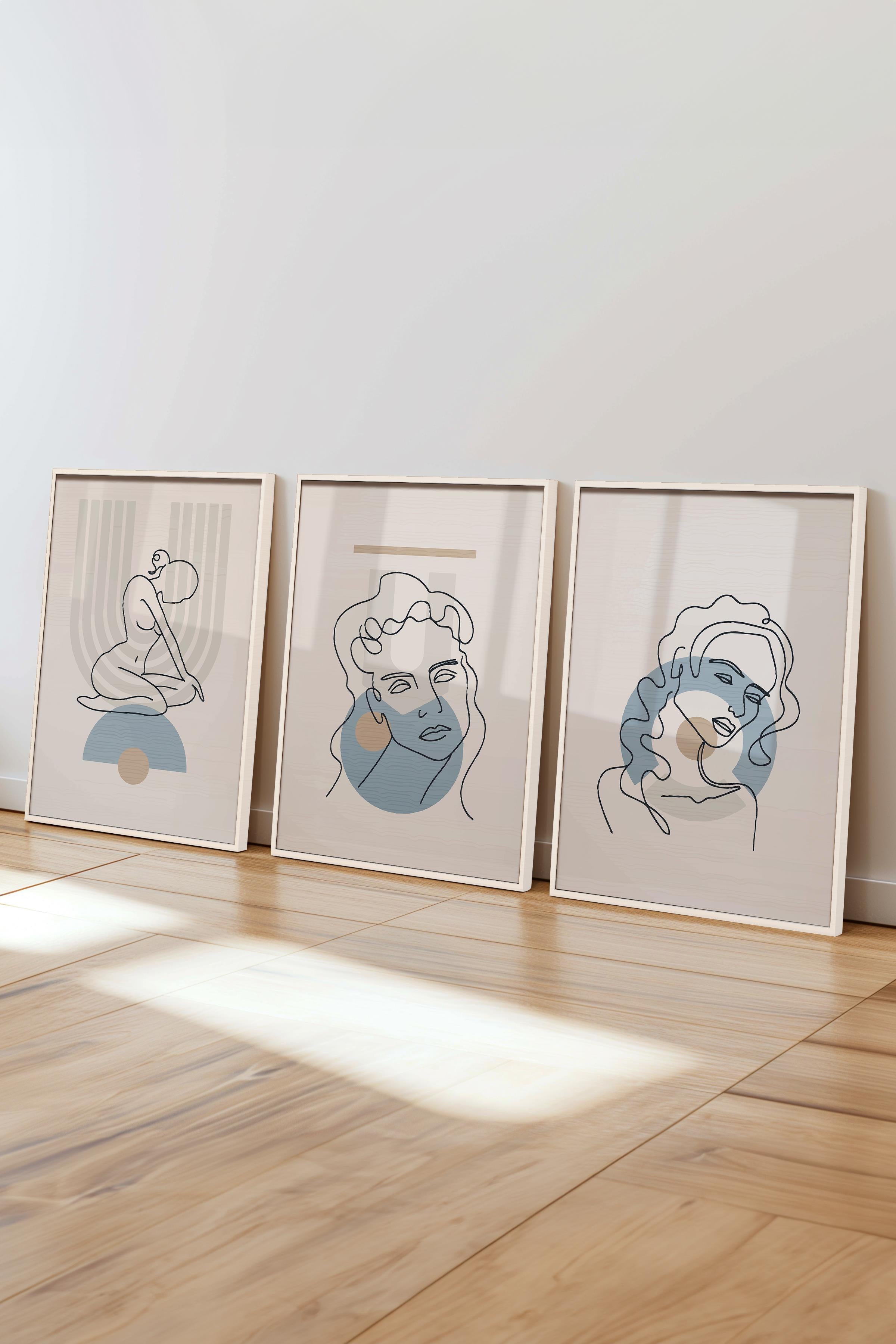 Çerçeveli Tablo Seti, 3 Adet Beyaz Çerçeve ve Minimalist Çizim Temalı Poster Seti, No:300673