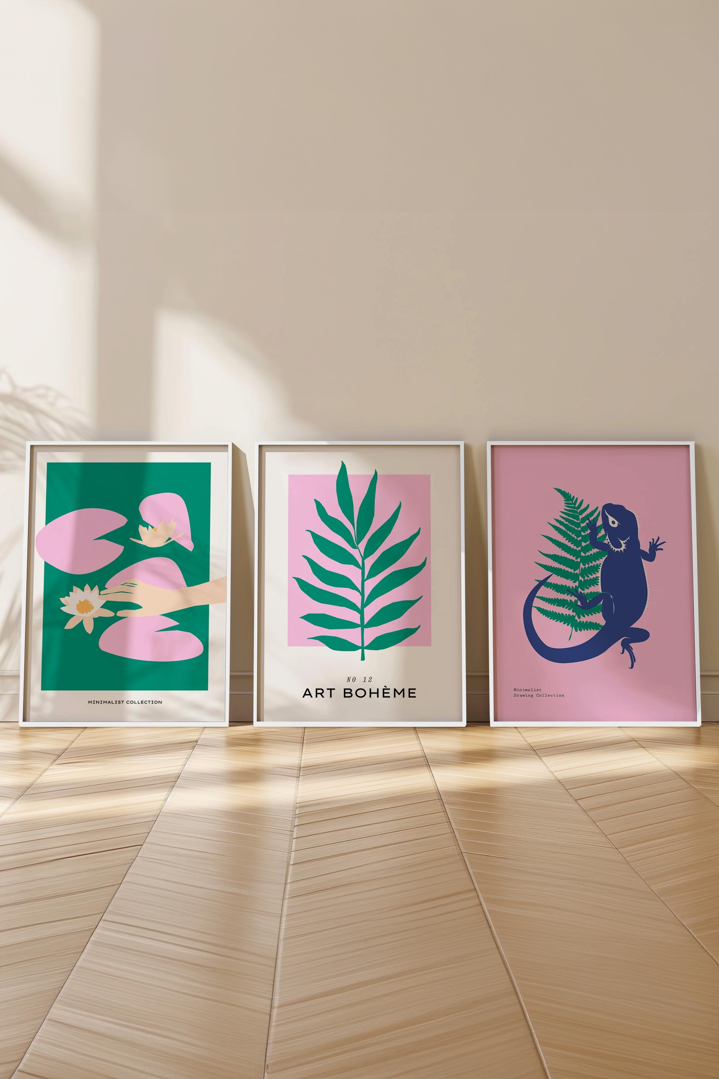 Çerçeveli Tablo Seti, 3 Adet Beyaz Çerçeve ve Minimalist Deniz Yaşamı Temalı Poster Seti, No:300501