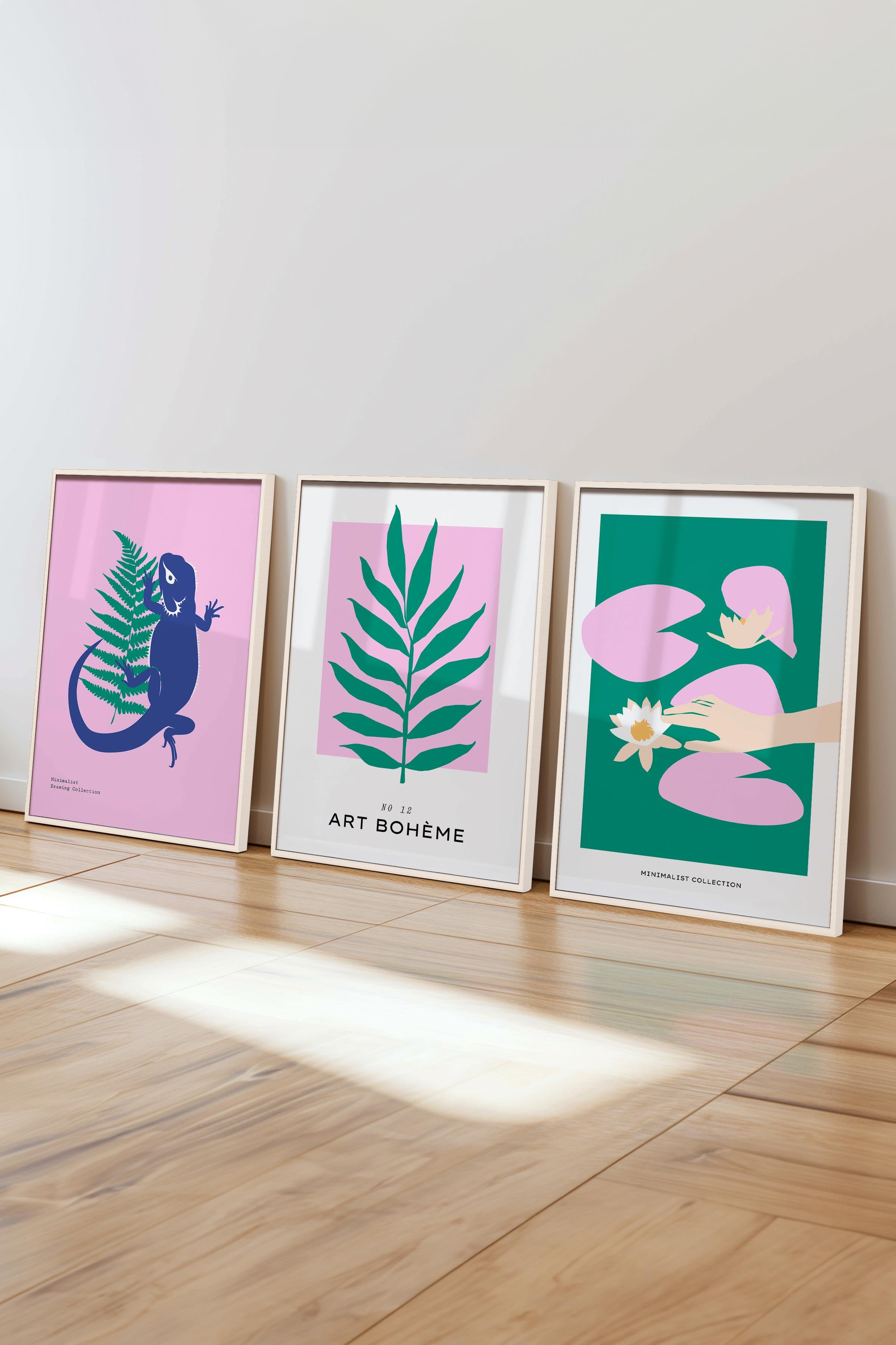 Çerçeveli Tablo Seti, 3 Adet Beyaz Çerçeve ve Minimalist Deniz Yaşamı Temalı Poster Seti, No:300501