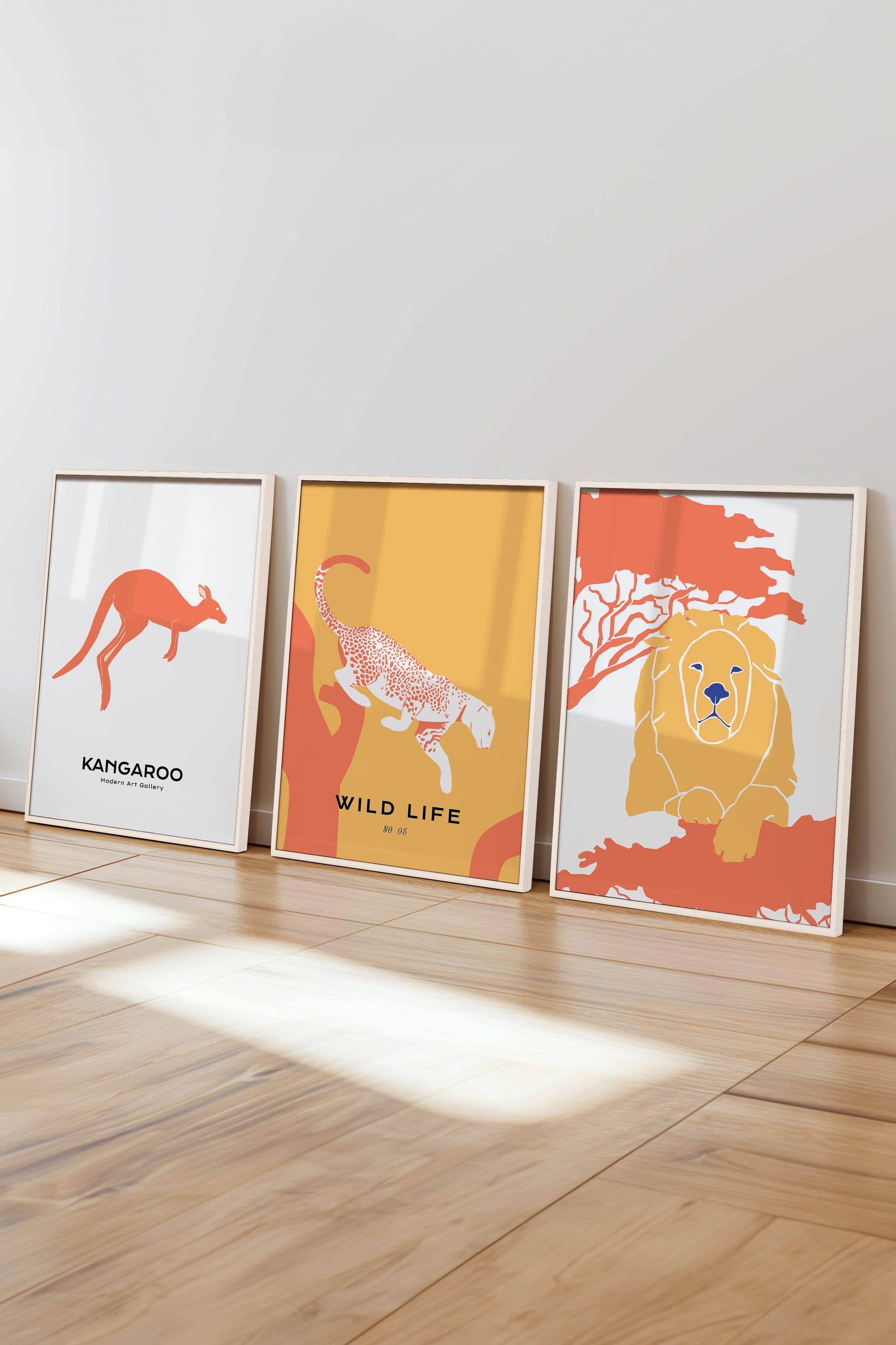 Çerçeveli Tablo Seti, 3 Adet Beyaz Çerçeve ve Minimalist Safari Temalı Poster Seti, No:300498