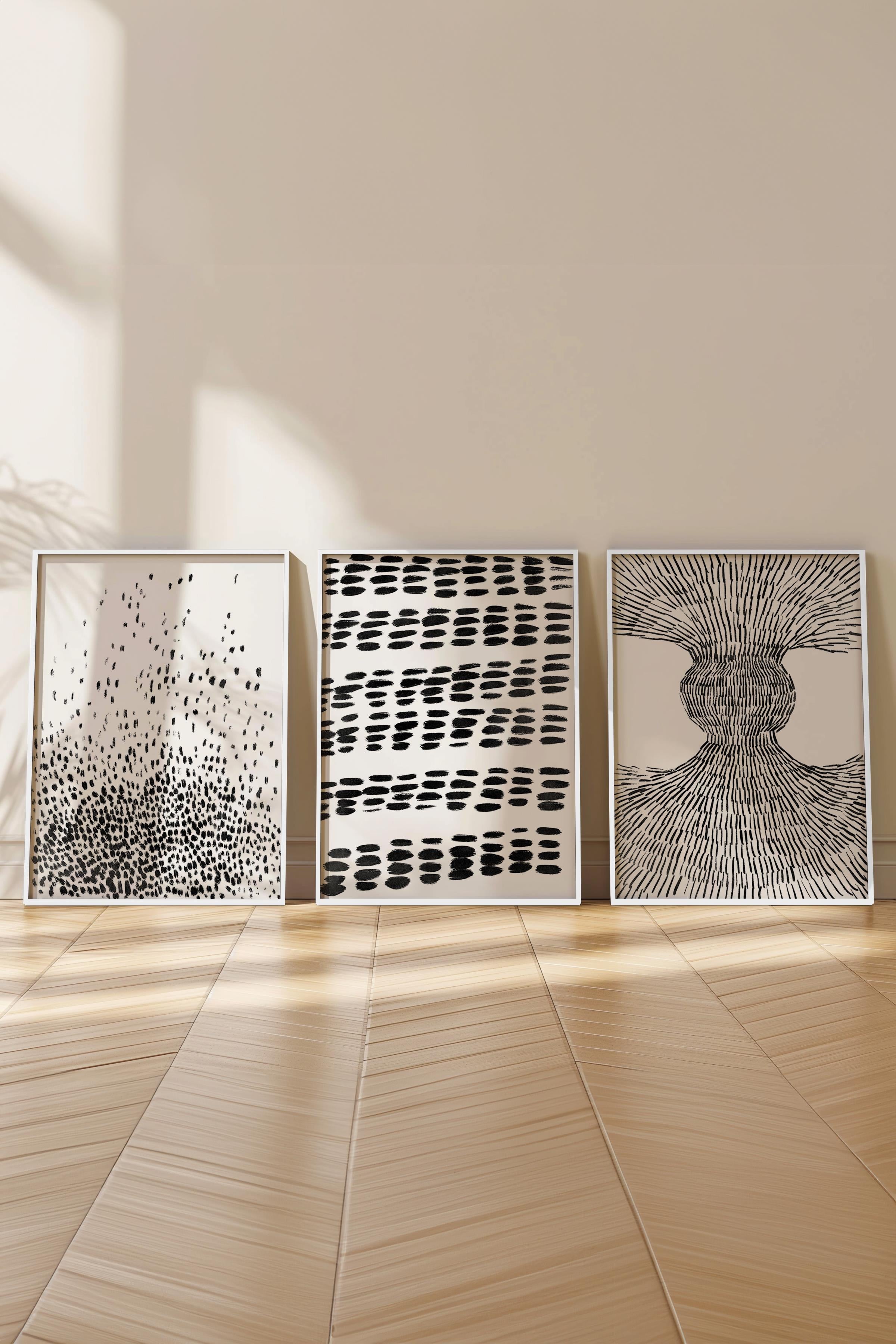 Çerçeveli Tablo Seti, 3 Adet Beyaz Çerçeve ve Siyah Beyaz Soyut Temalı Poster Seti, No:300576