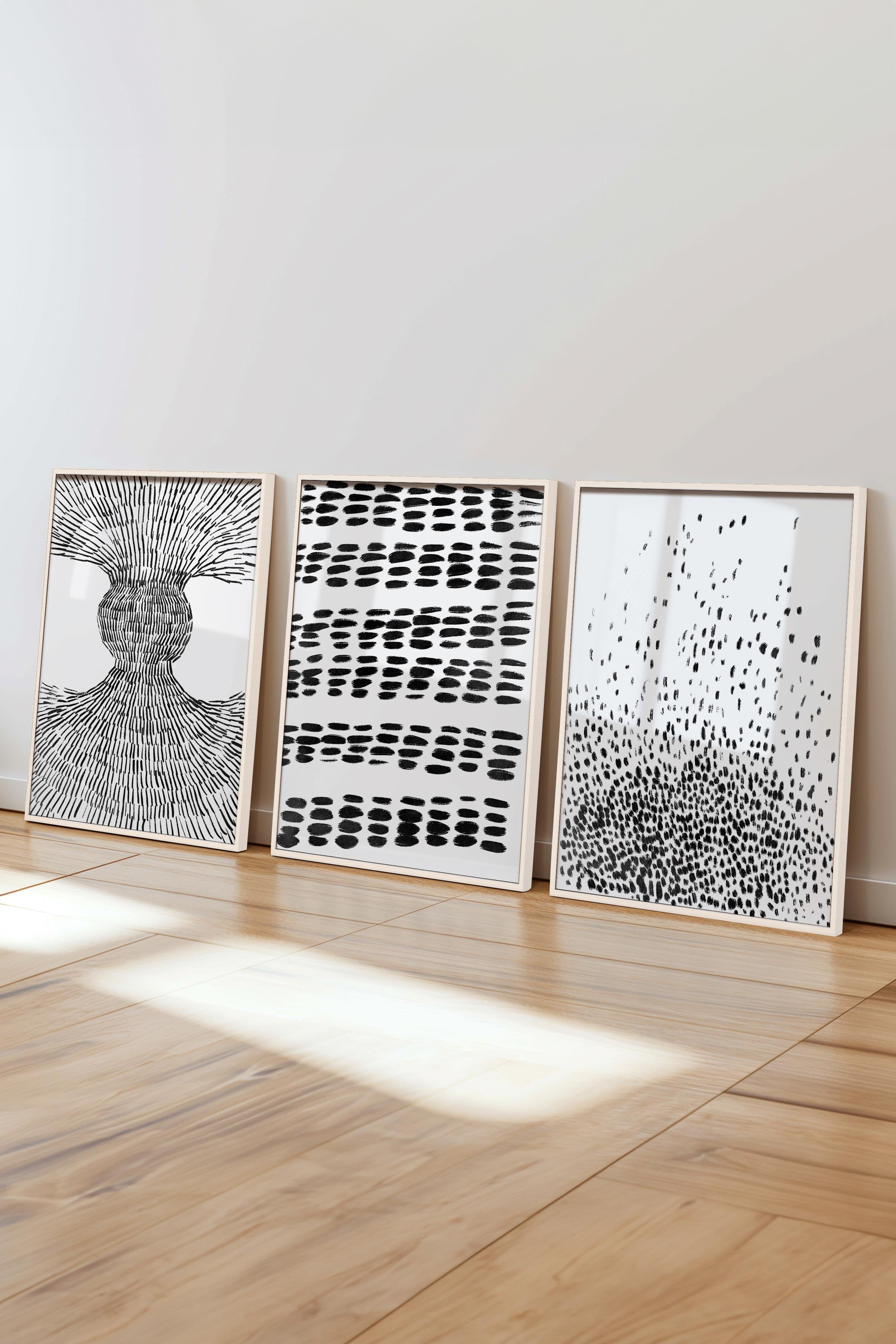 Çerçeveli Tablo Seti, 3 Adet Beyaz Çerçeve ve Siyah Beyaz Soyut Temalı Poster Seti, No:300576