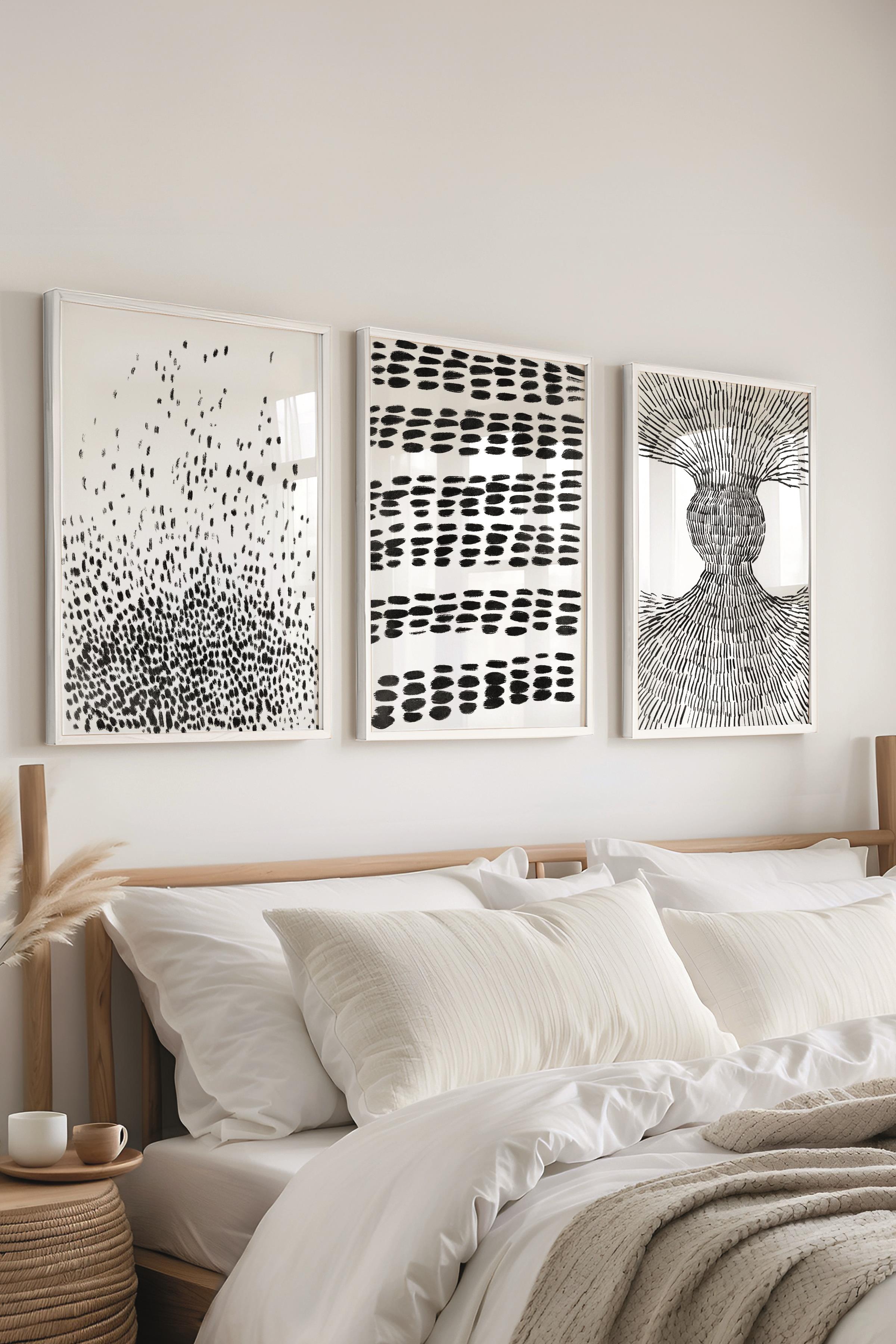 Çerçeveli Tablo Seti, 3 Adet Beyaz Çerçeve ve Siyah Beyaz Soyut Temalı Poster Seti, No:300576
