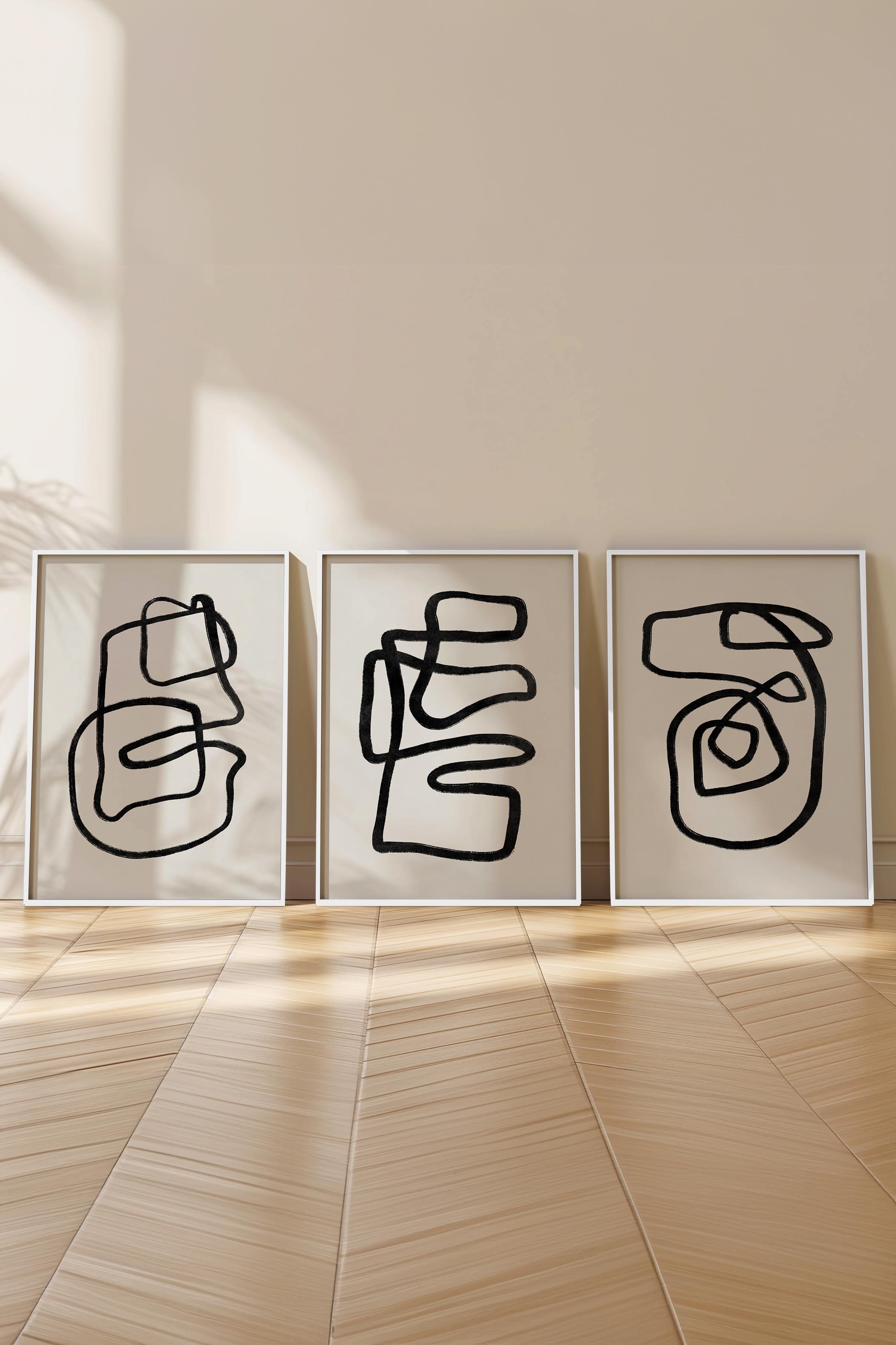 Çerçeveli Tablo Seti, 3 Adet Beyaz Çerçeve ve Siyah Beyaz Soyut Temalı Poster Seti, No:300577