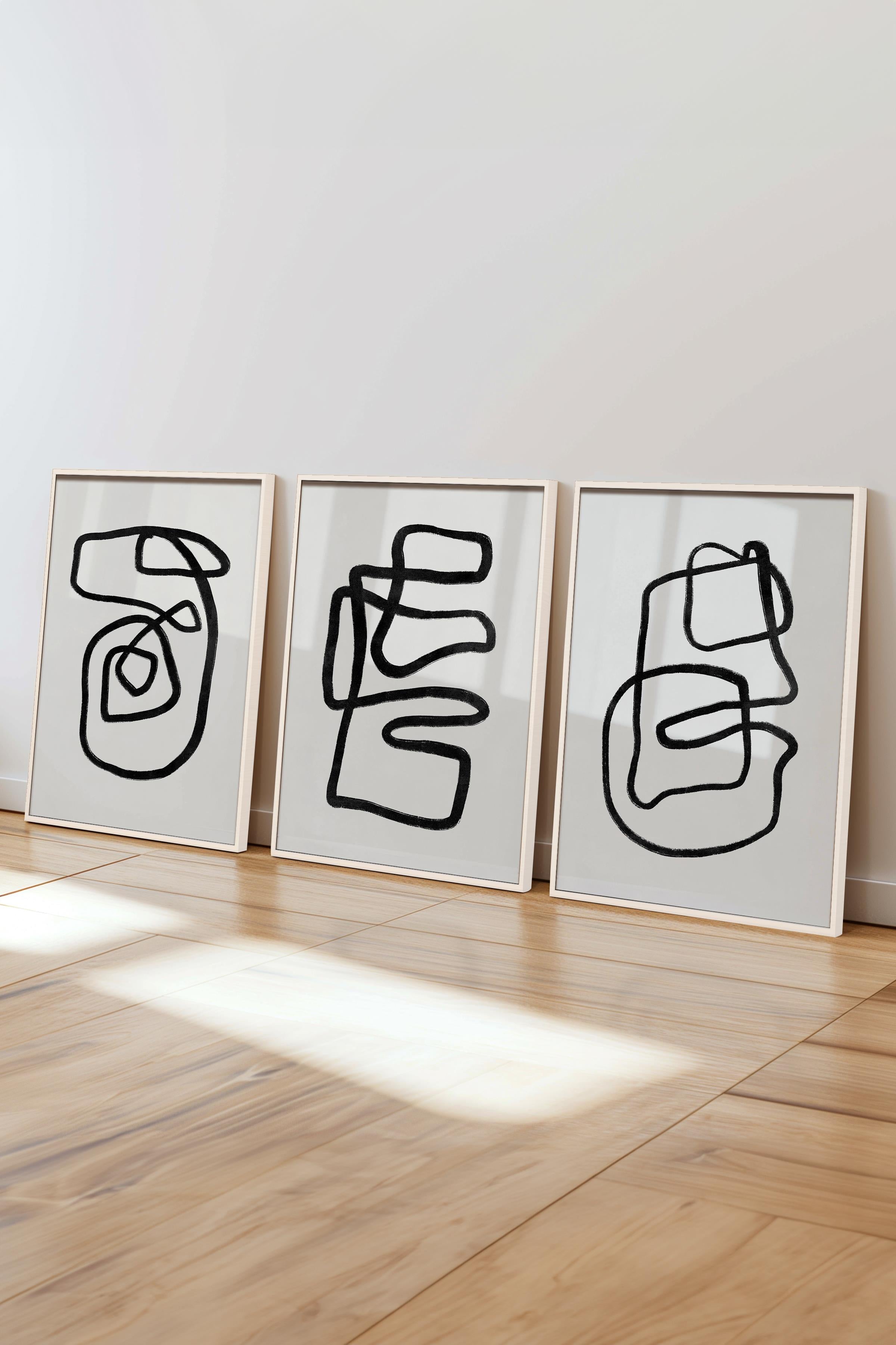 Çerçeveli Tablo Seti, 3 Adet Beyaz Çerçeve ve Siyah Beyaz Soyut Temalı Poster Seti, No:300577