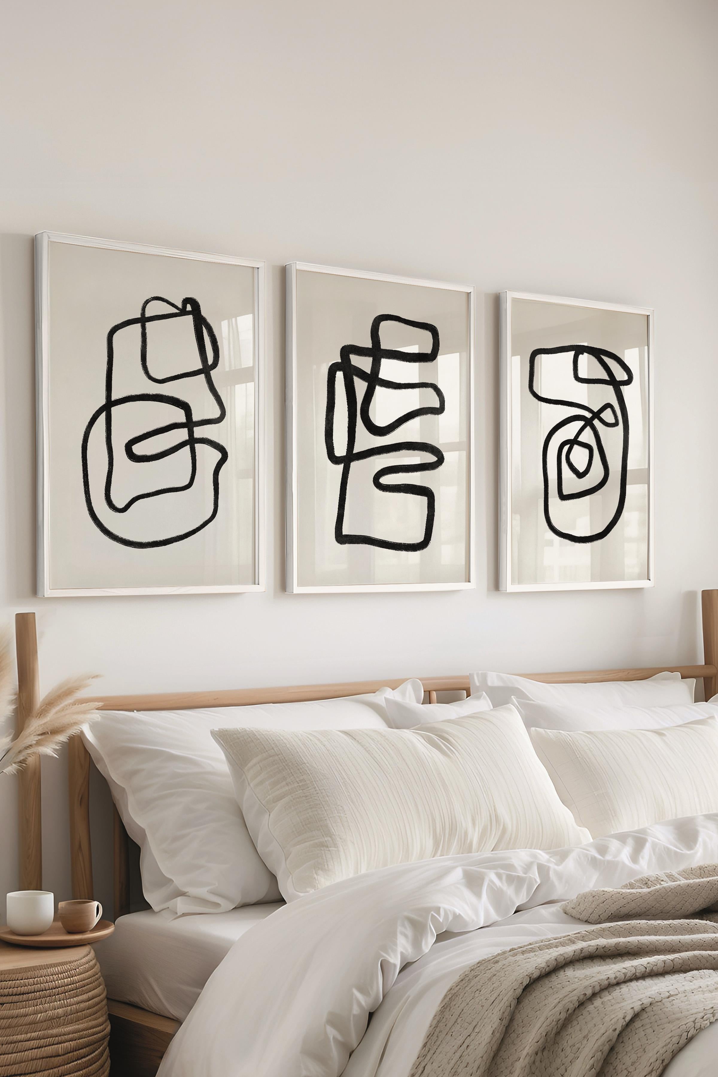 Çerçeveli Tablo Seti, 3 Adet Beyaz Çerçeve ve Siyah Beyaz Soyut Temalı Poster Seti, No:300577