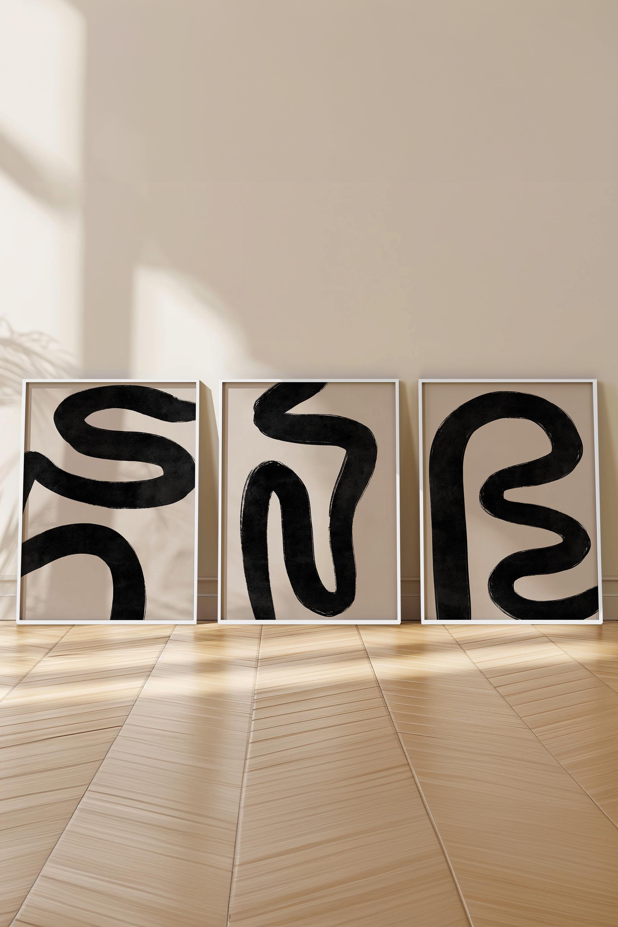 Çerçeveli Tablo Seti, 3 Adet Beyaz Çerçeve ve Siyah Beyaz Soyut Temalı Poster Seti, No:300578