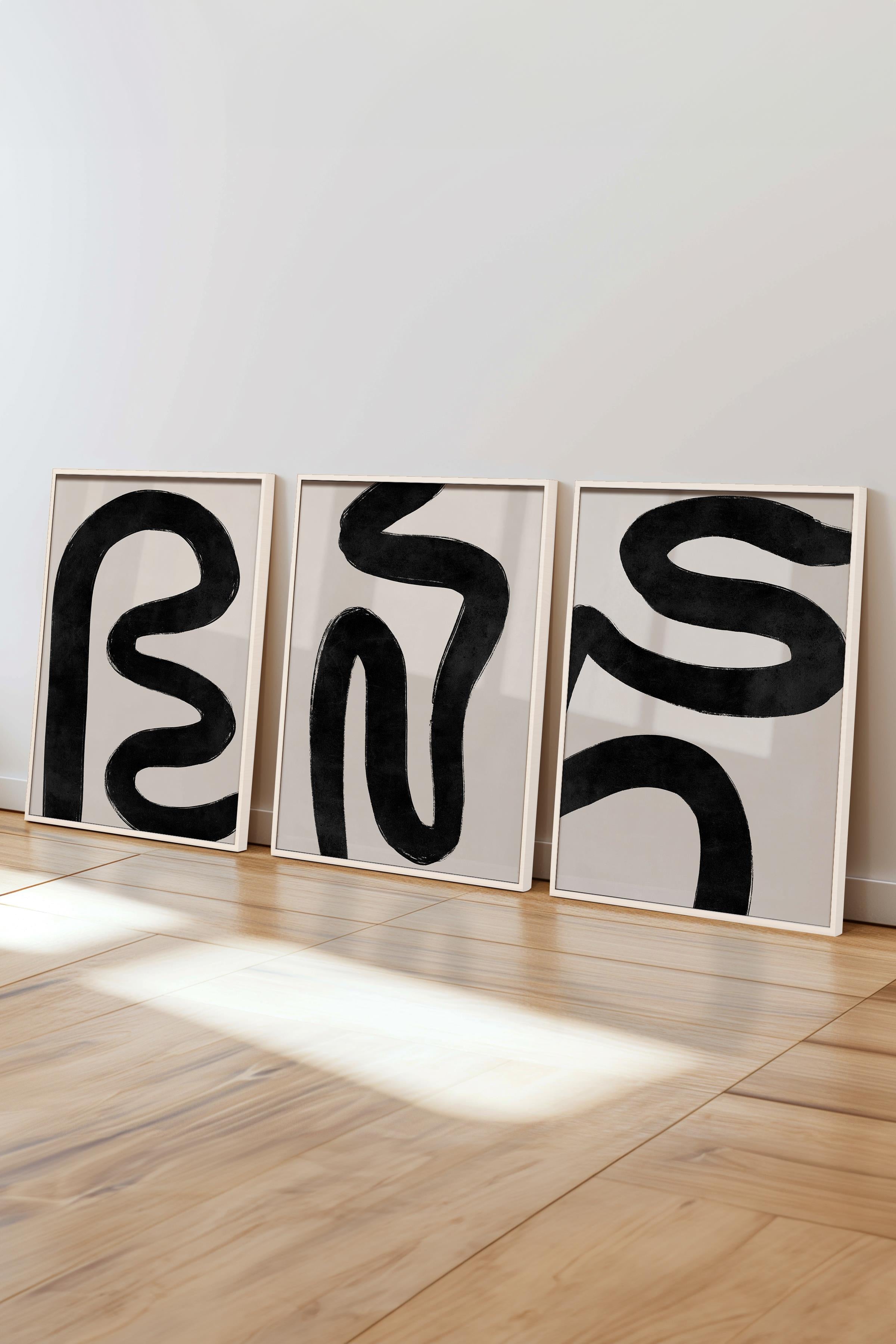 Çerçeveli Tablo Seti, 3 Adet Beyaz Çerçeve ve Siyah Beyaz Soyut Temalı Poster Seti, No:300578