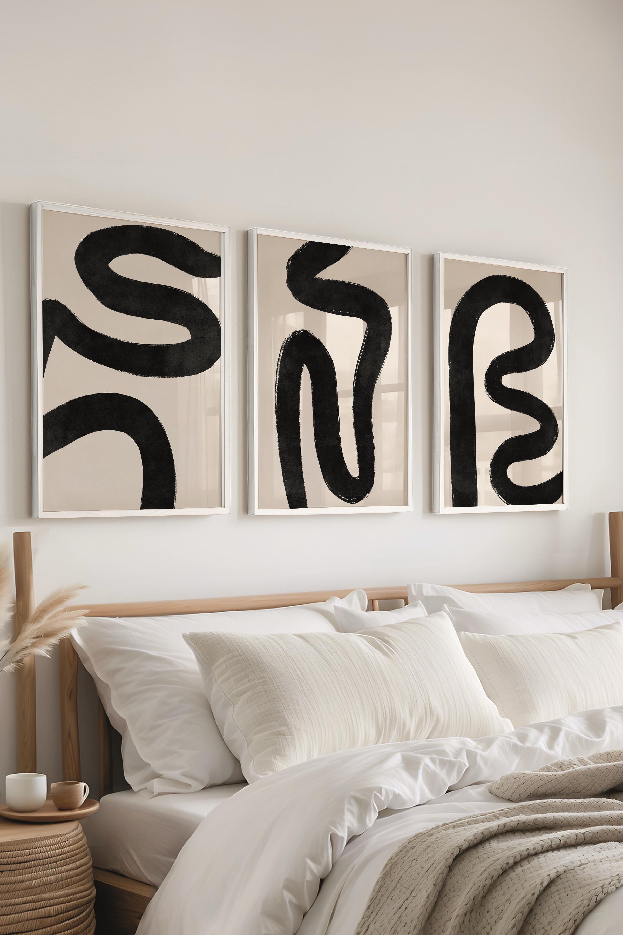 Çerçeveli Tablo Seti, 3 Adet Beyaz Çerçeve ve Siyah Beyaz Soyut Temalı Poster Seti, No:300578