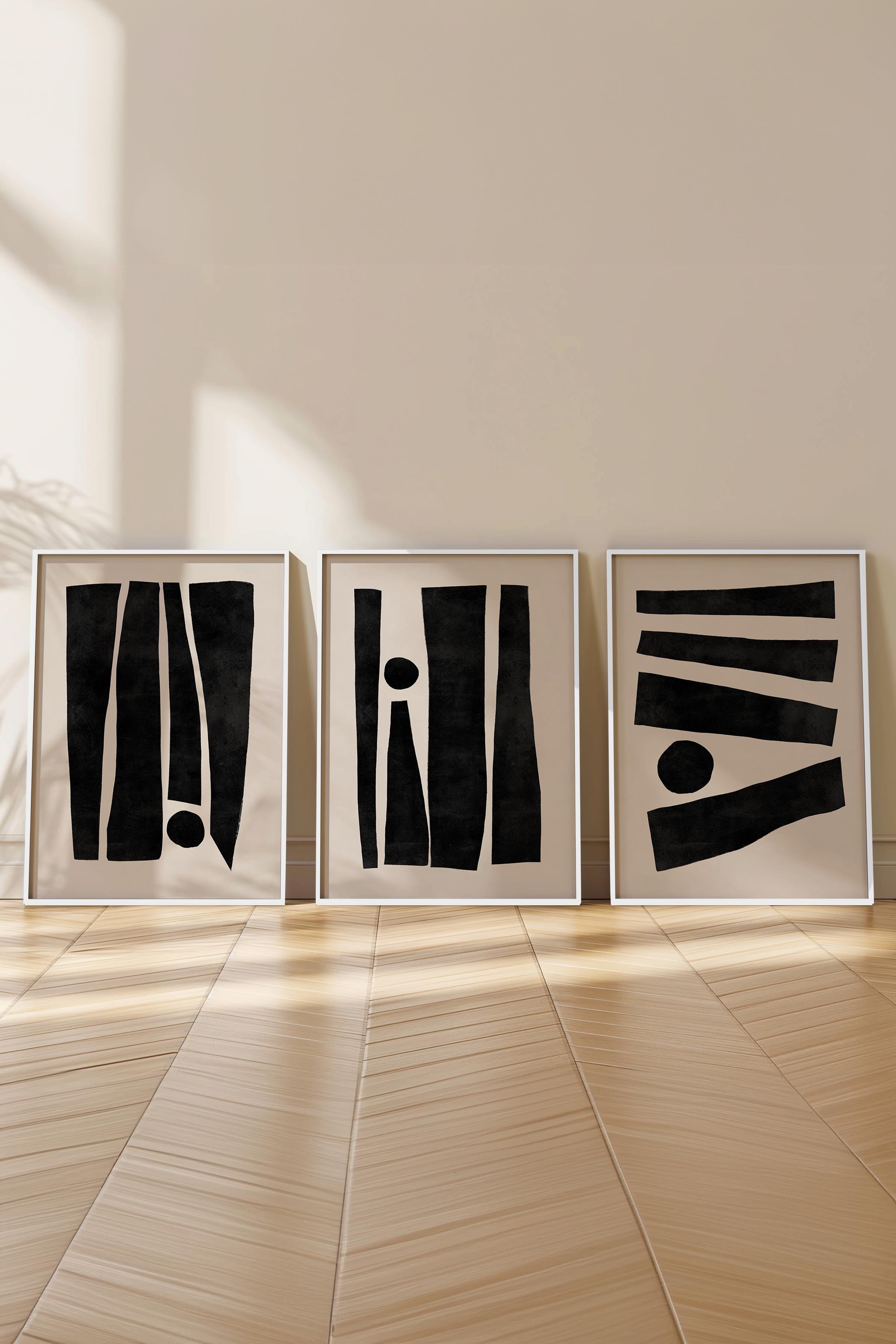 Çerçeveli Tablo Seti, 3 Adet Beyaz Çerçeve ve Siyah Beyaz Soyut Temalı Poster Seti, No:300579