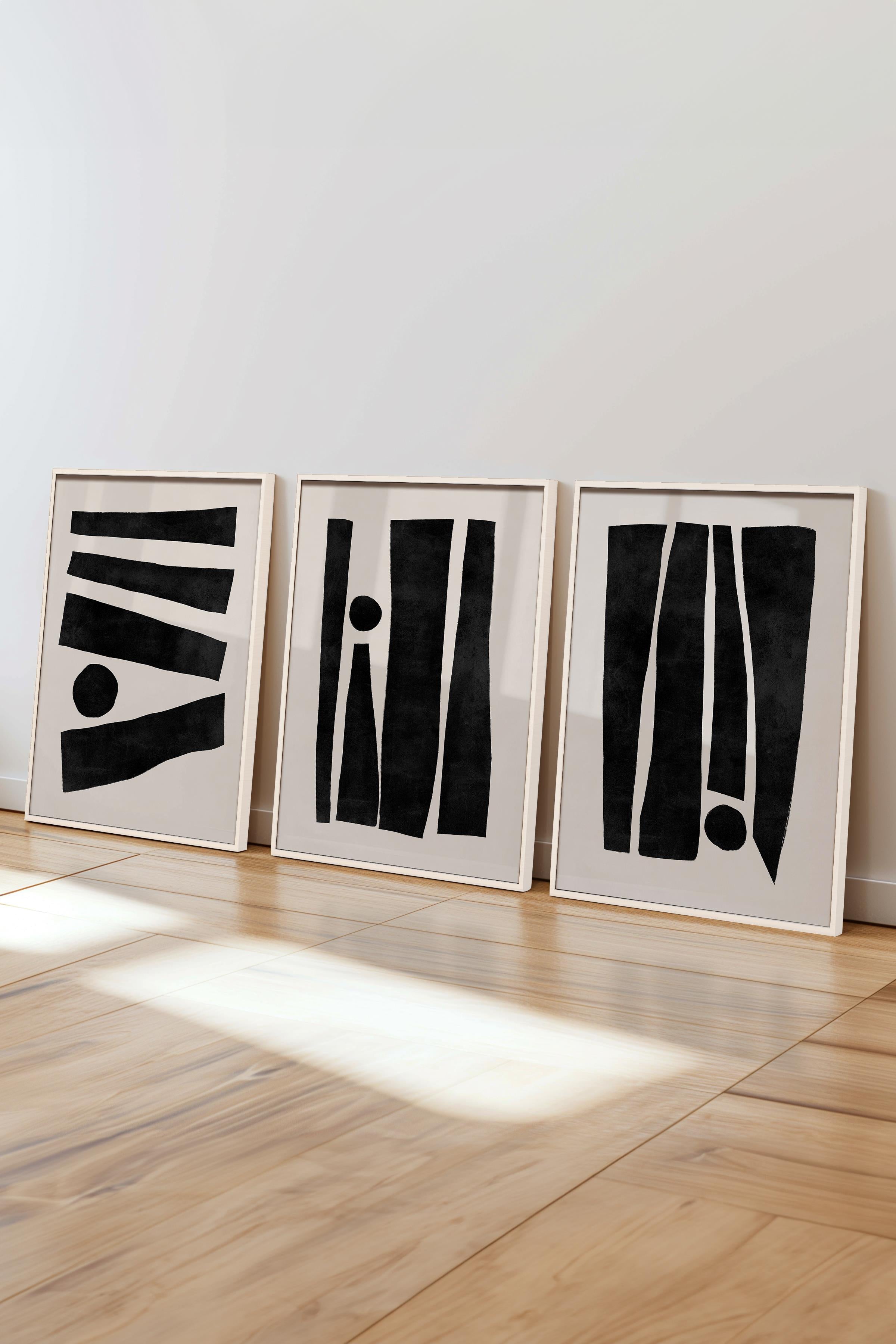 Çerçeveli Tablo Seti, 3 Adet Beyaz Çerçeve ve Siyah Beyaz Soyut Temalı Poster Seti, No:300579