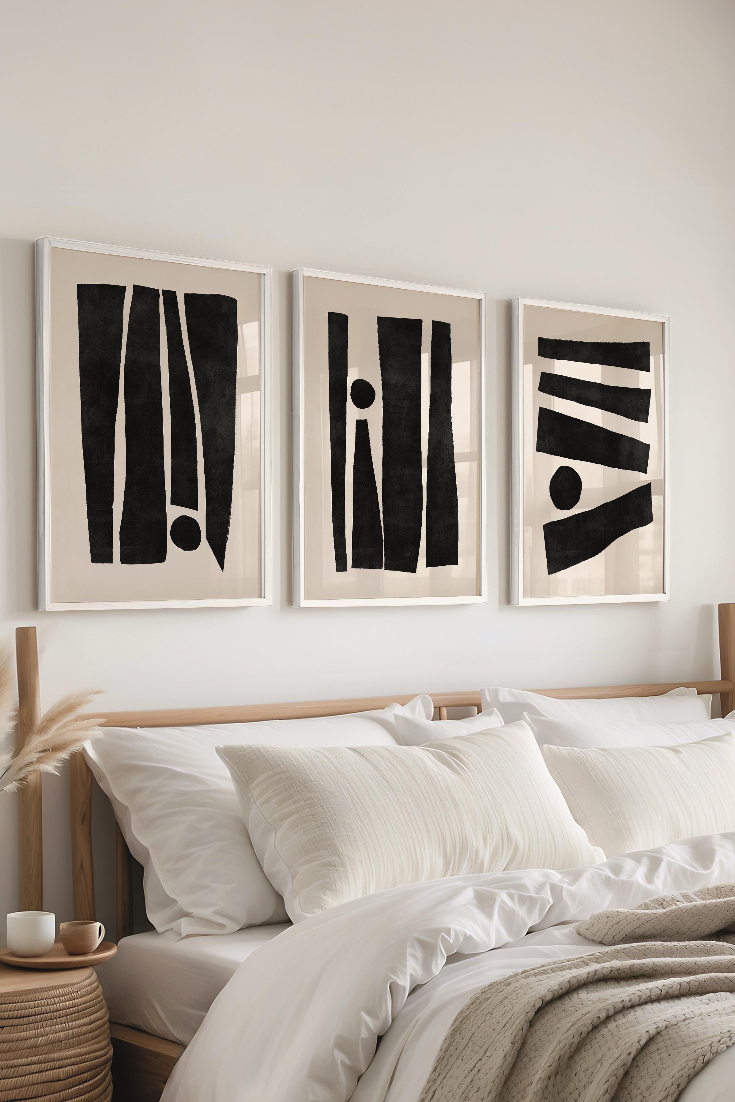 Çerçeveli Tablo Seti, 3 Adet Beyaz Çerçeve ve Siyah Beyaz Soyut Temalı Poster Seti, No:300579