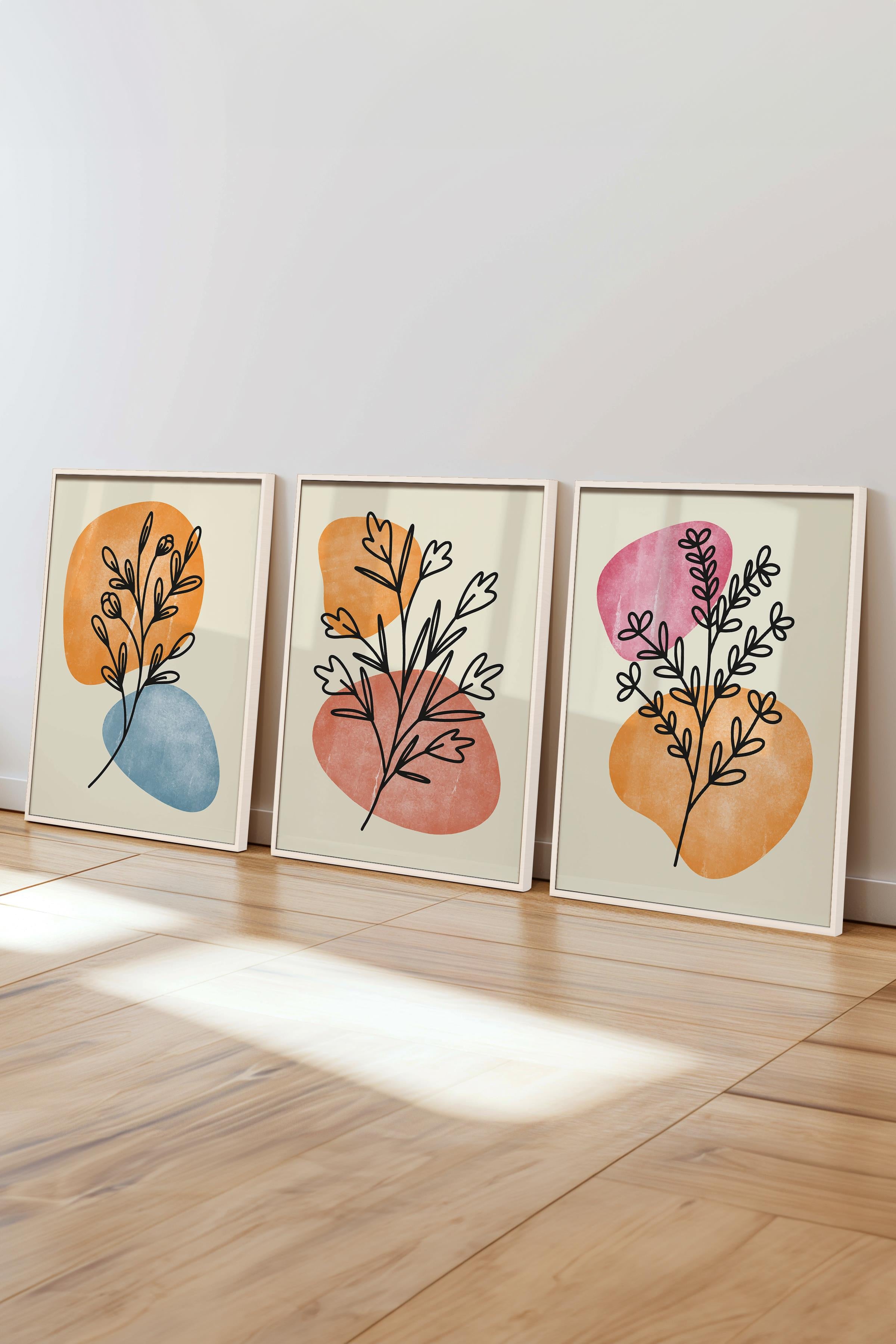 Çerçeveli Tablo Seti, 3 Adet Beyaz Çerçeve ve Soyut Botanik Temalı Poster Seti, No:300664