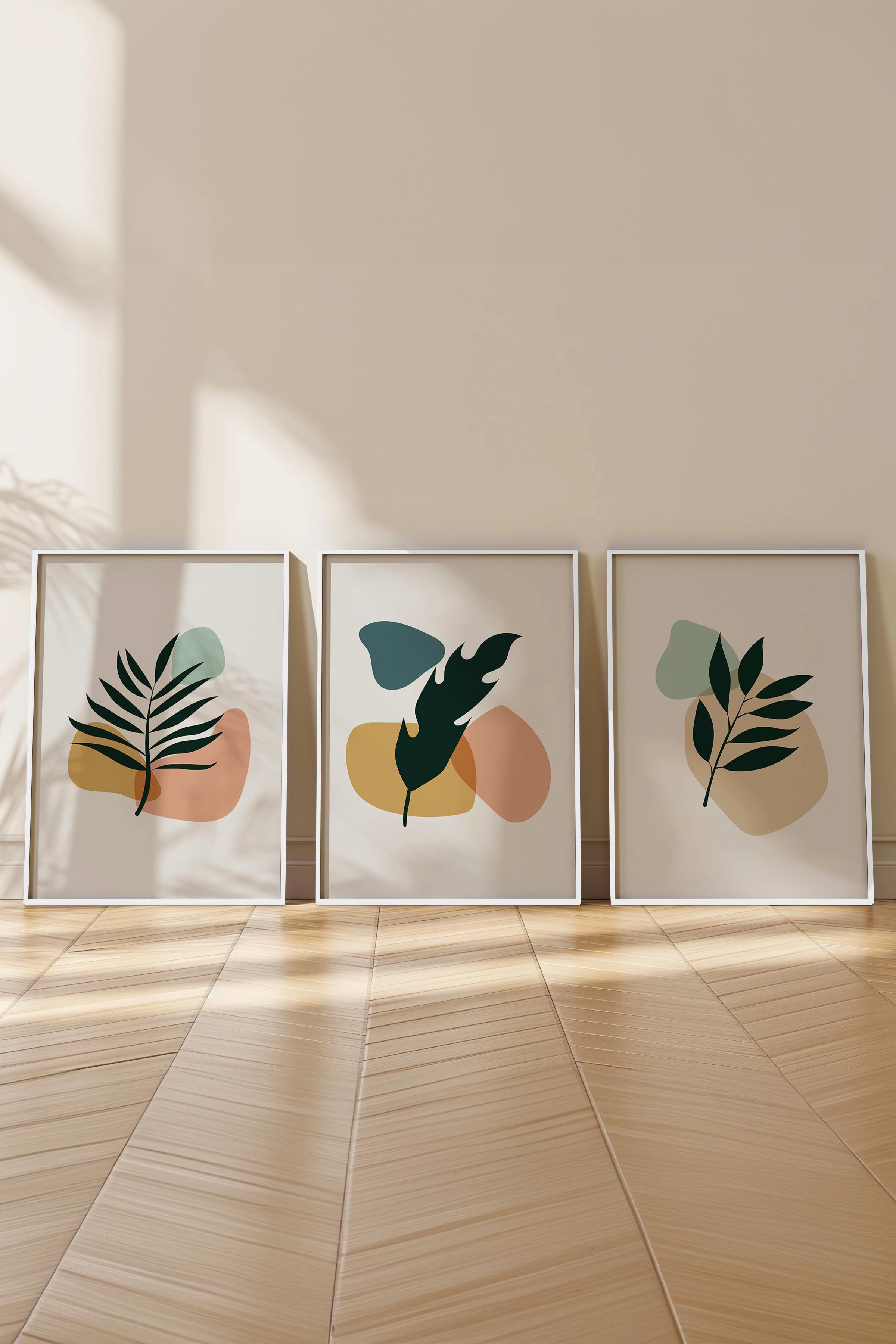 Çerçeveli Tablo Seti, 3 Adet Beyaz Çerçeve ve Soyut Botanik Temalı Poster Seti, No:300669