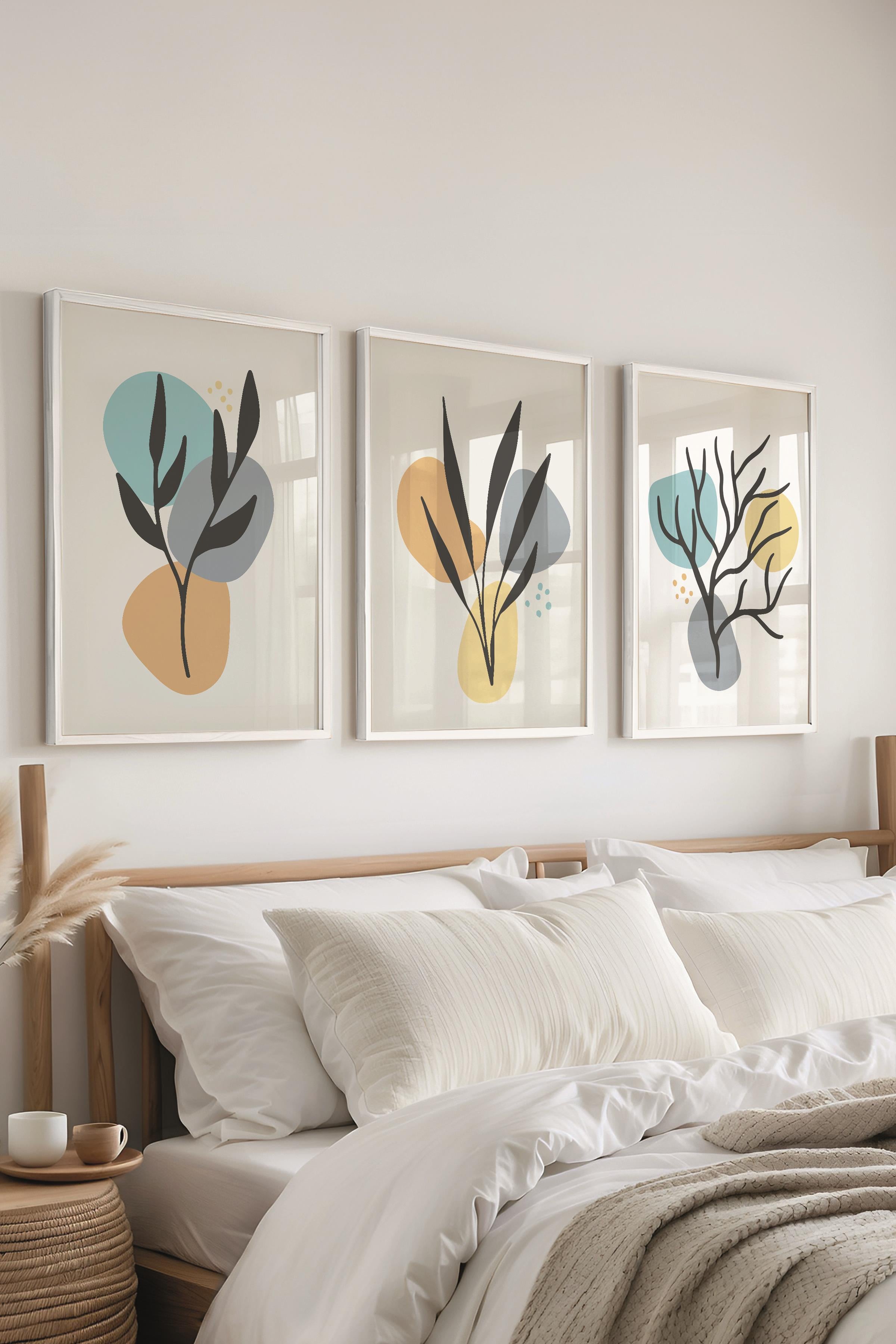 Çerçeveli Tablo Seti, 3 Adet Beyaz Çerçeve ve Soyut Botanik Temalı Poster Seti, No:300679
