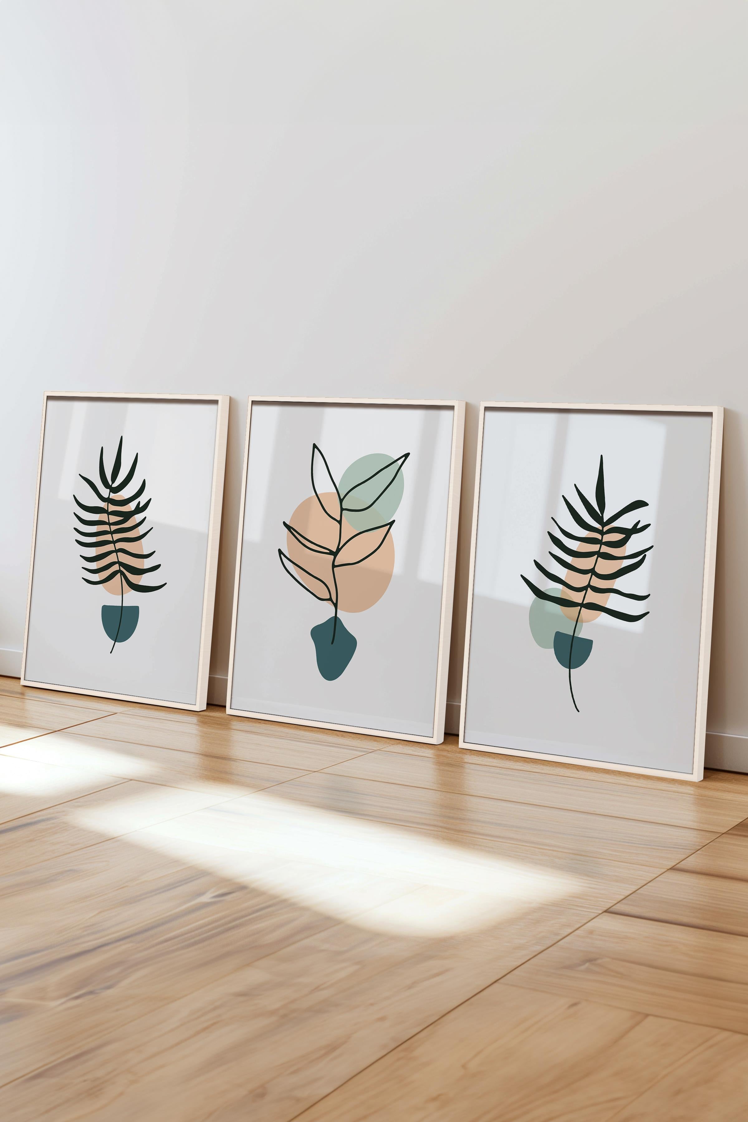 Çerçeveli Tablo Seti, 3 Adet Beyaz Çerçeve ve Soyut Botanik Temalı Poster Seti, No:300683