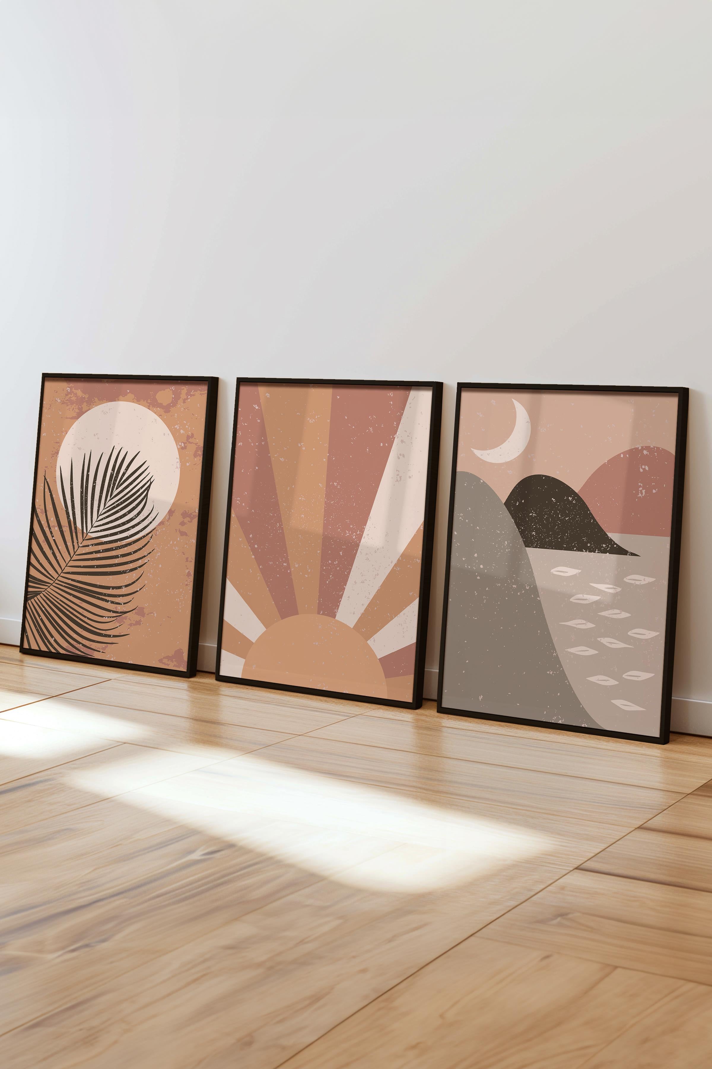 Çerçeveli Tablo Seti, 3 Adet Siyah Çerçeve ve Boho Temalı Poster Seti, Duvar Tablosu No:300635