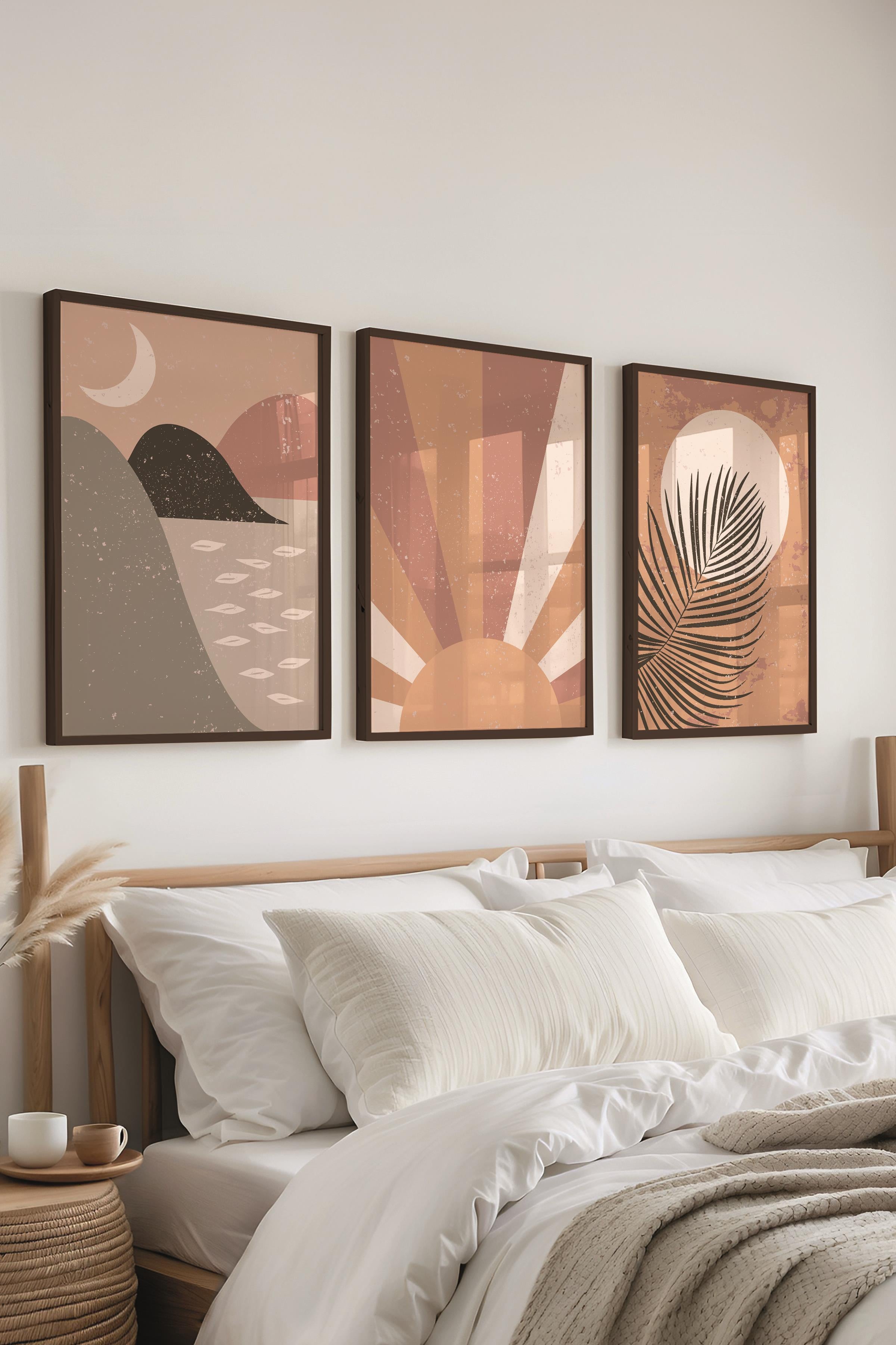 Çerçeveli Tablo Seti, 3 Adet Siyah Çerçeve ve Boho Temalı Poster Seti, Duvar Tablosu No:300635