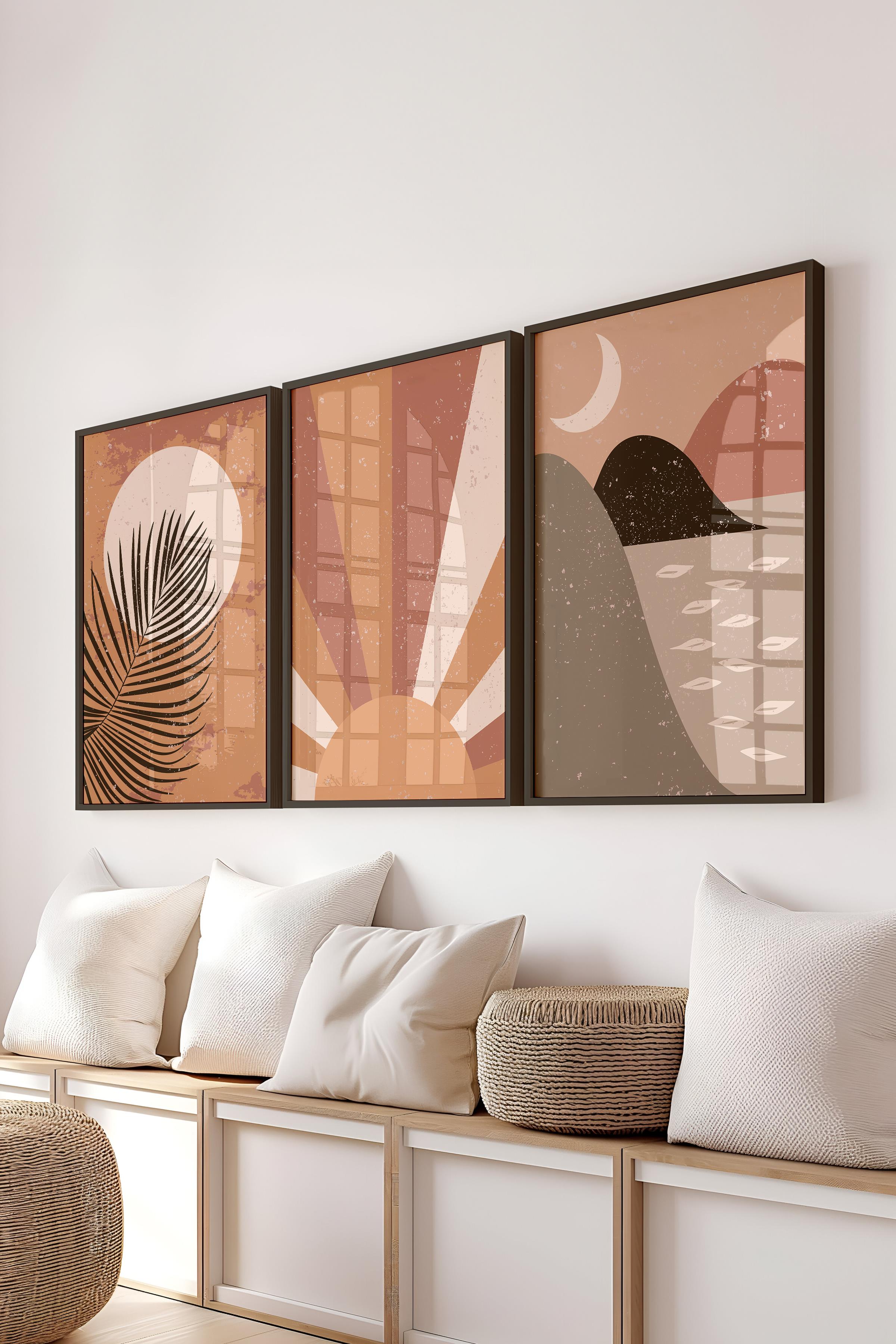 Çerçeveli Tablo Seti, 3 Adet Siyah Çerçeve ve Boho Temalı Poster Seti, Duvar Tablosu No:300635